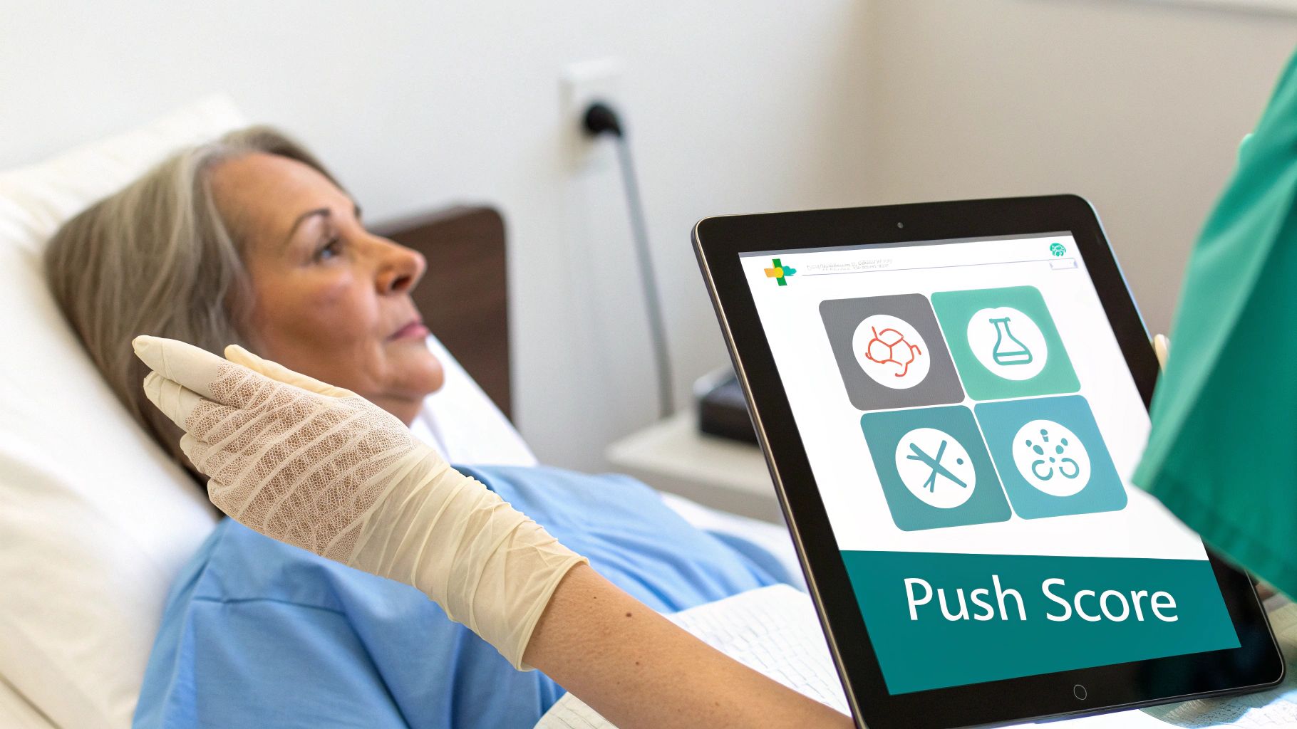 A medical professional displays a tablet with wound care icons and "Push Score" to a patient in a hospital bed.