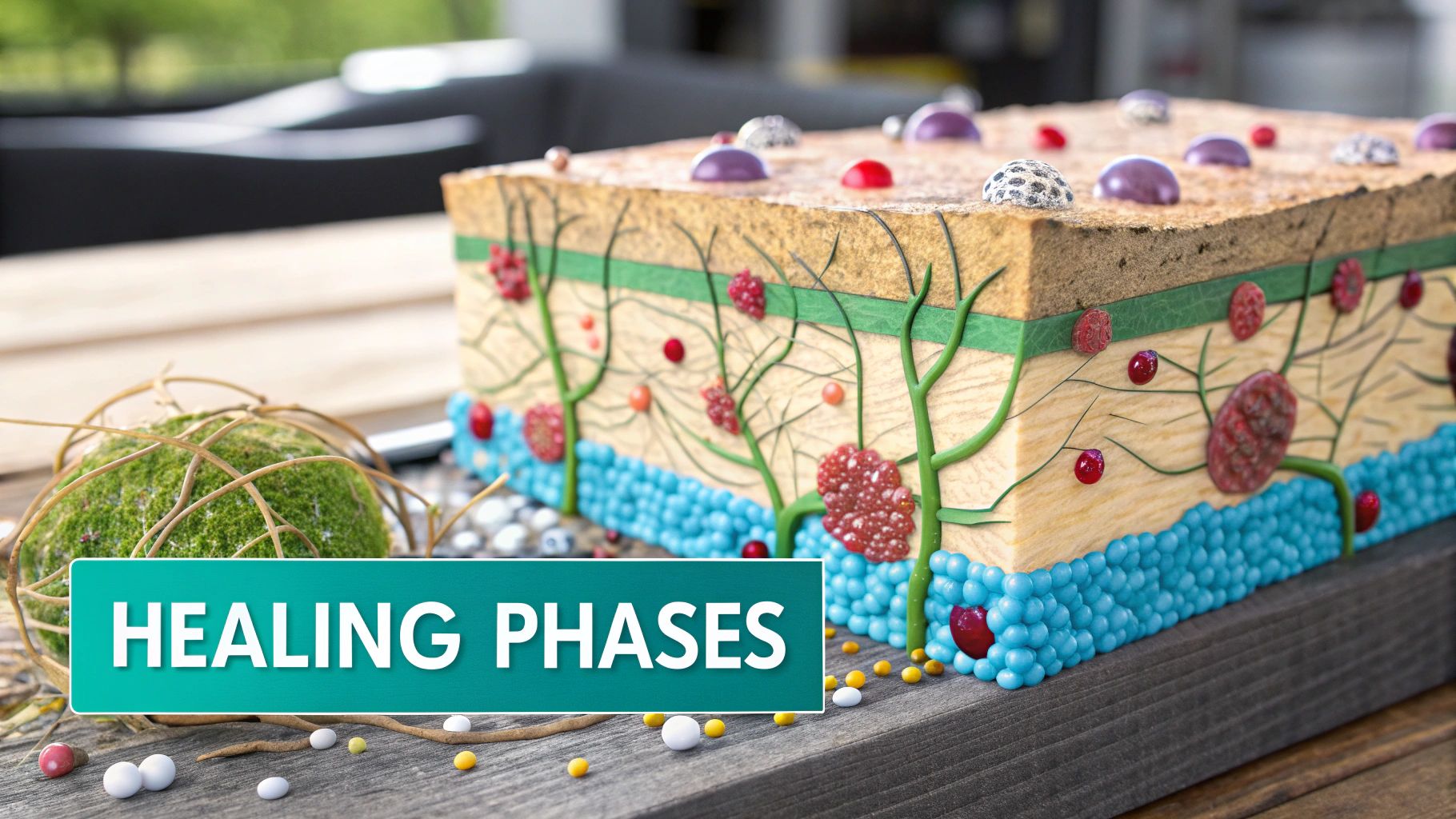 A detailed 3D model illustrating multiple layers of skin or tissue undergoing healing phases.