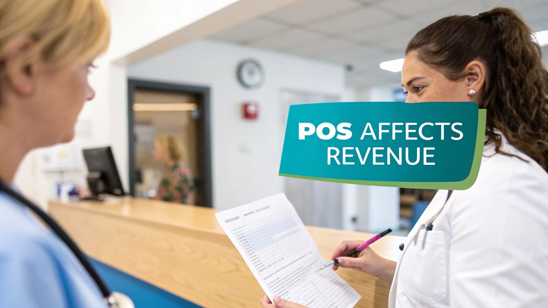 Medical professional in a white coat filling a form with a pen at a clinic reception desk, overlayed with 'POS AFFECTS REVENUE'.