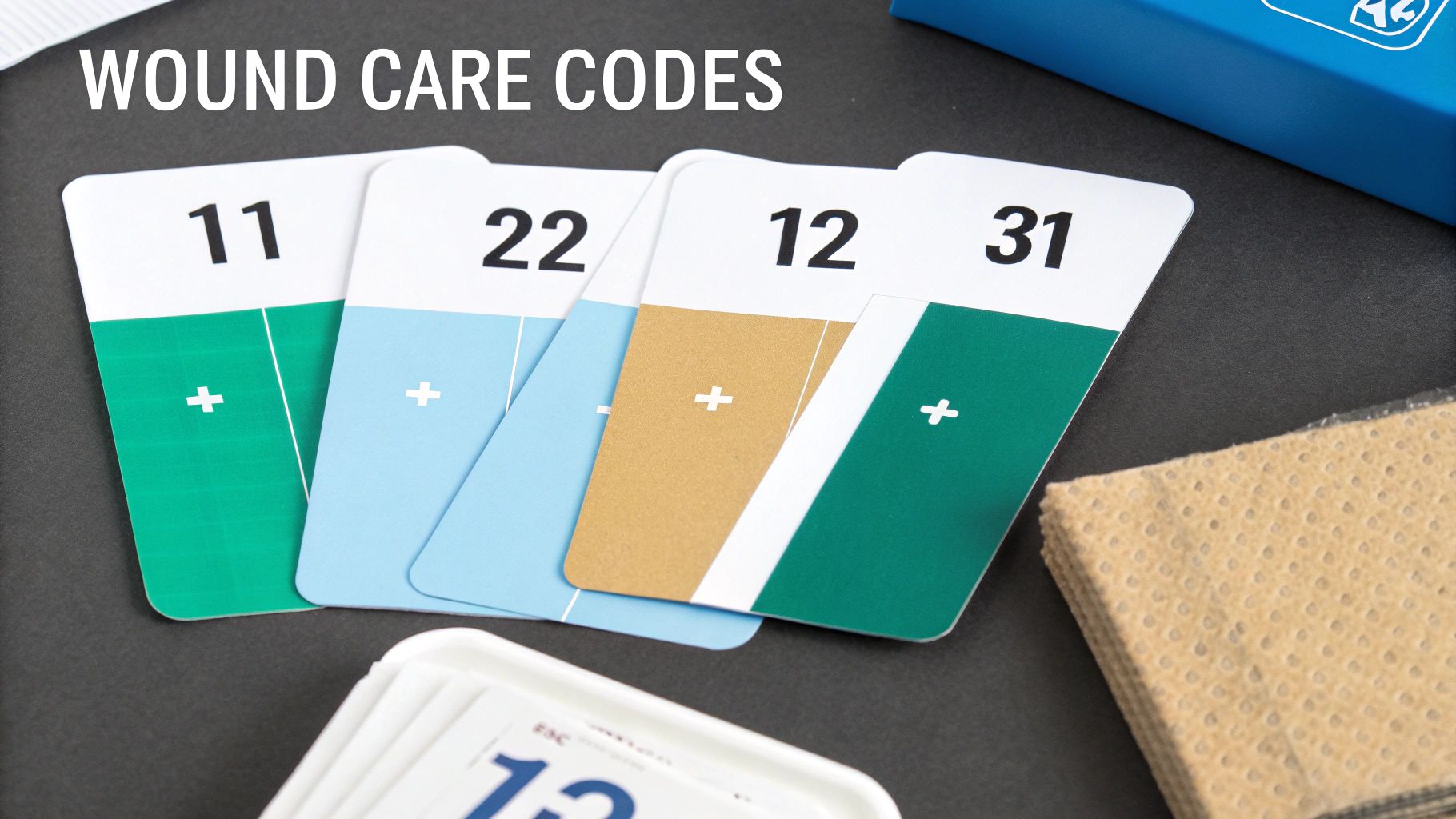 Wound care code reference cards with numbers 11, 22, 12, 31 and colored sections.
