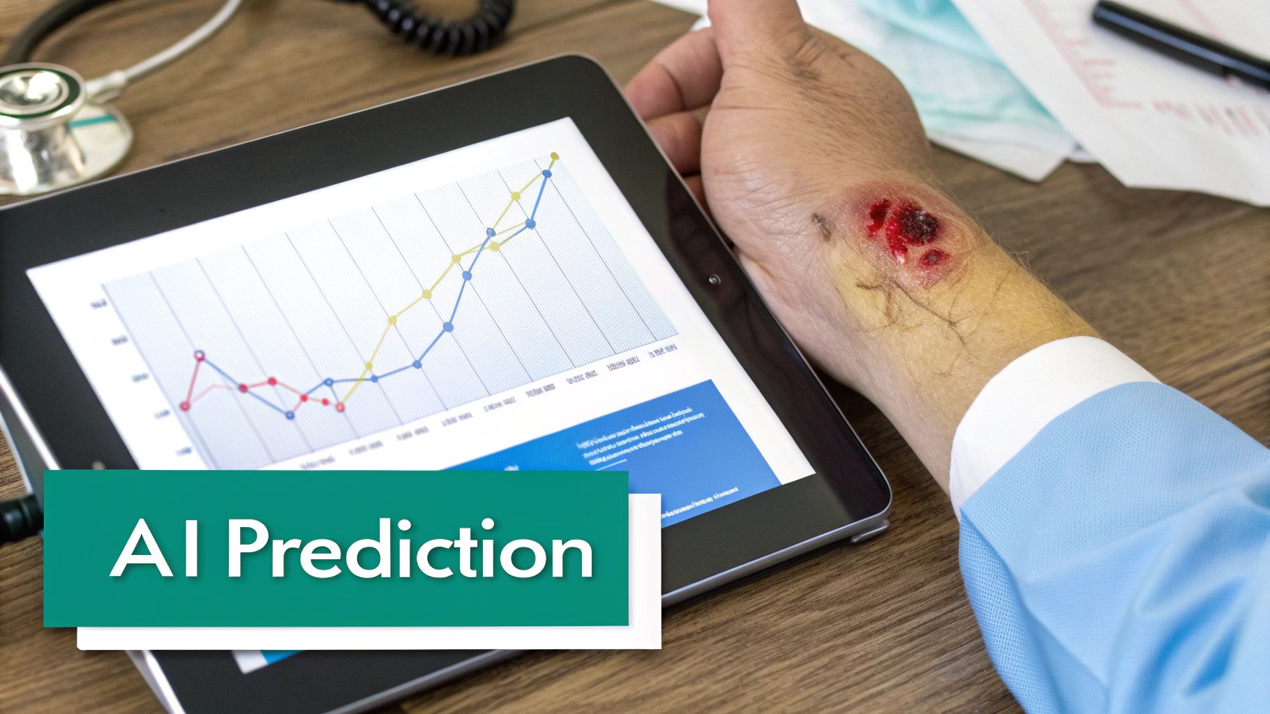 A person's arm with a bleeding wound, a tablet showing 'AI Prediction' and a graph.