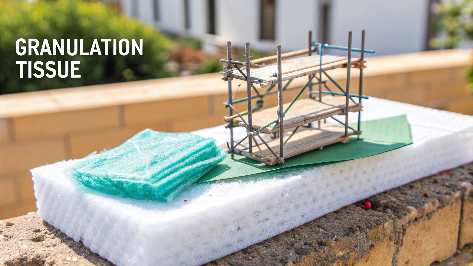 Close-up of 'GRANULATION TISSUE' text above white fibrous material, green fabric, and a scaffolding model.