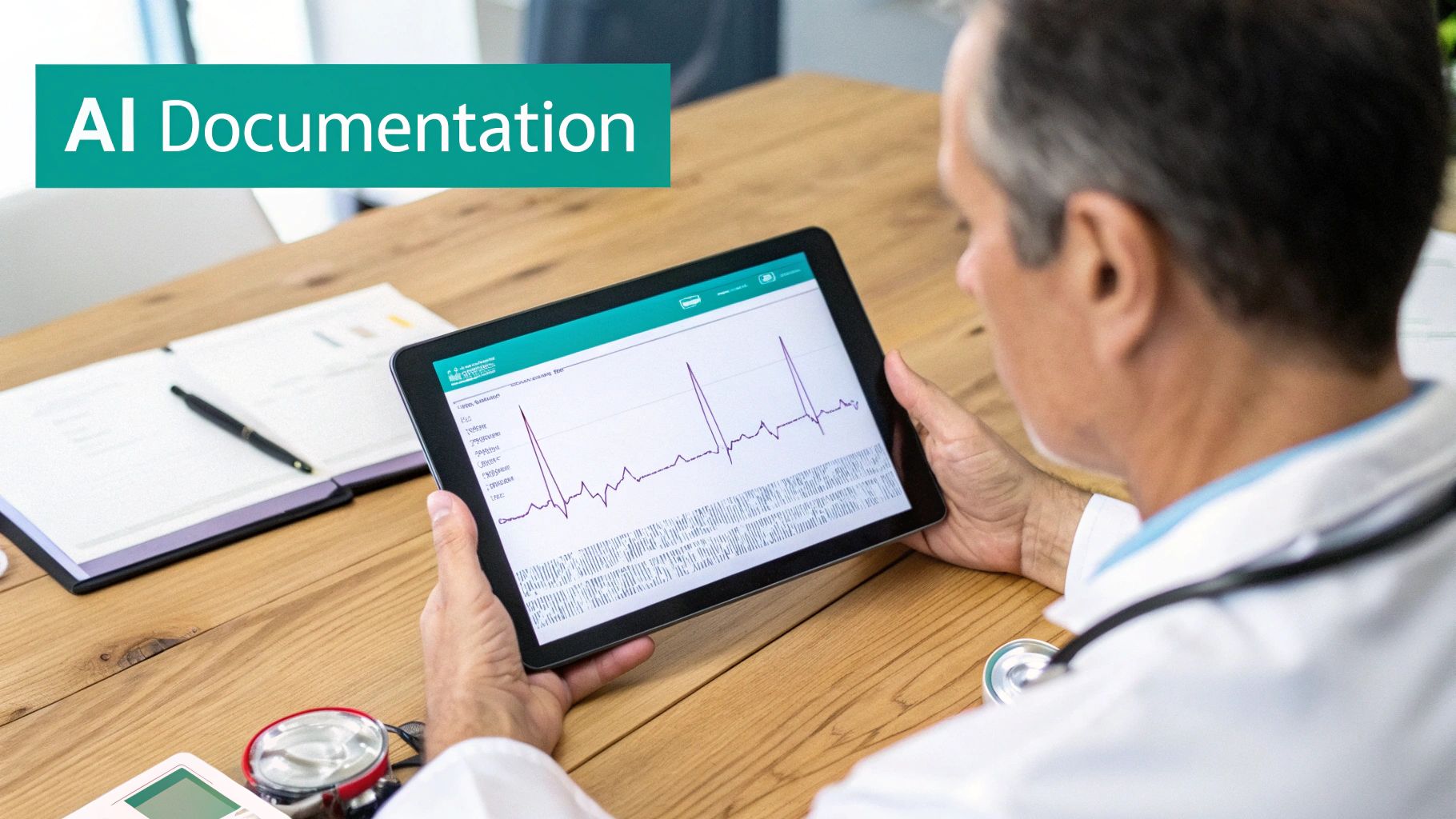 A doctor reviews an ECG graph on a tablet, with an 'AI Documentation' banner above.