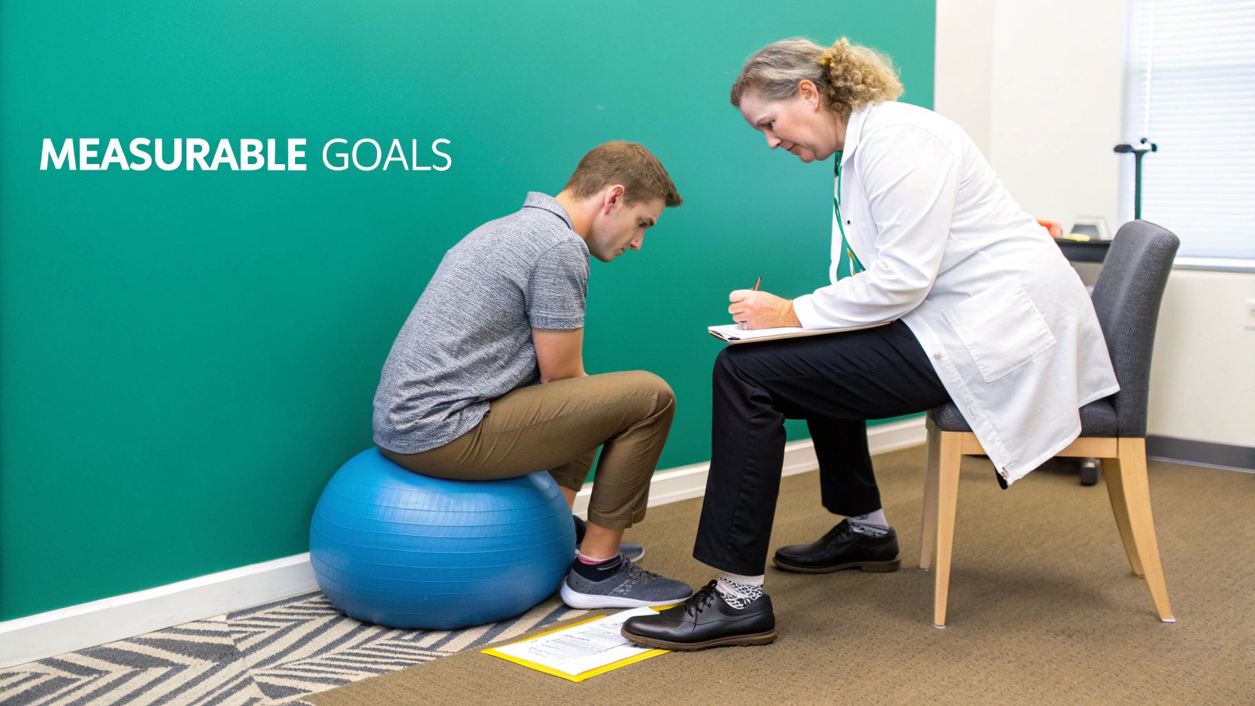 A physical therapist in a white coat writes notes while a male patient sits on a blue exercise ball, discussing measurable goals.