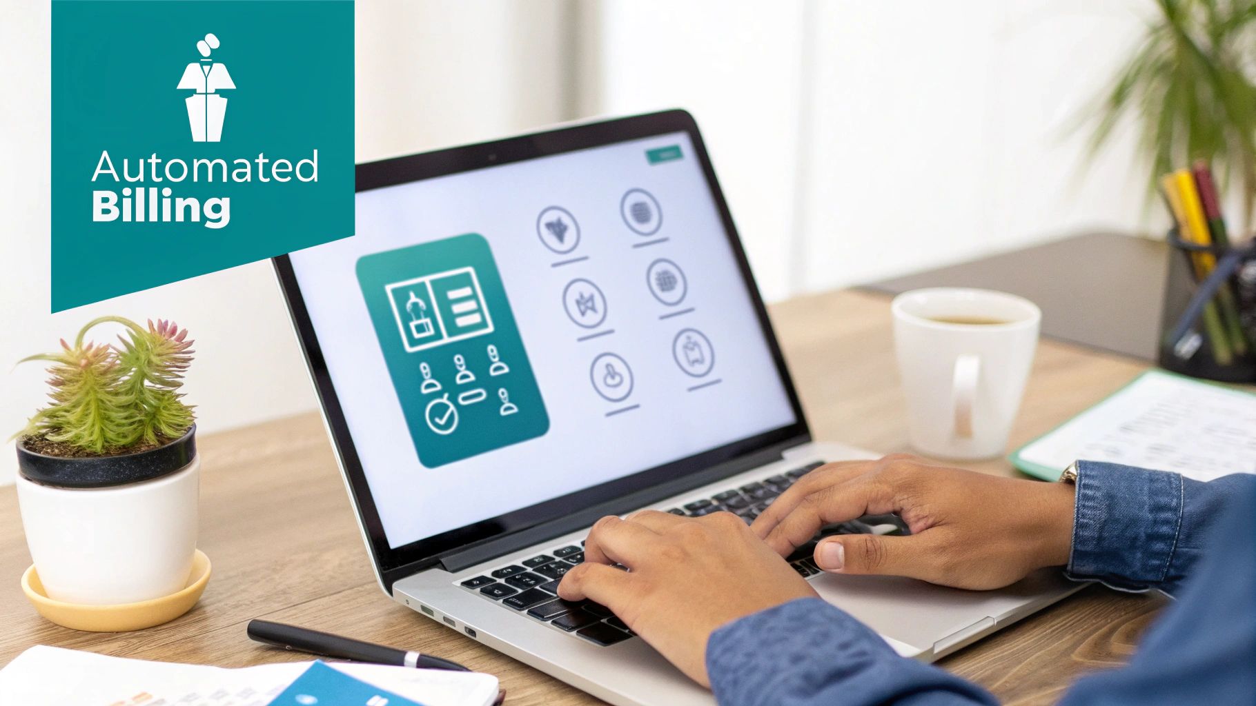 Person typing on a laptop displaying a billing application with 'Automated Billing' text.