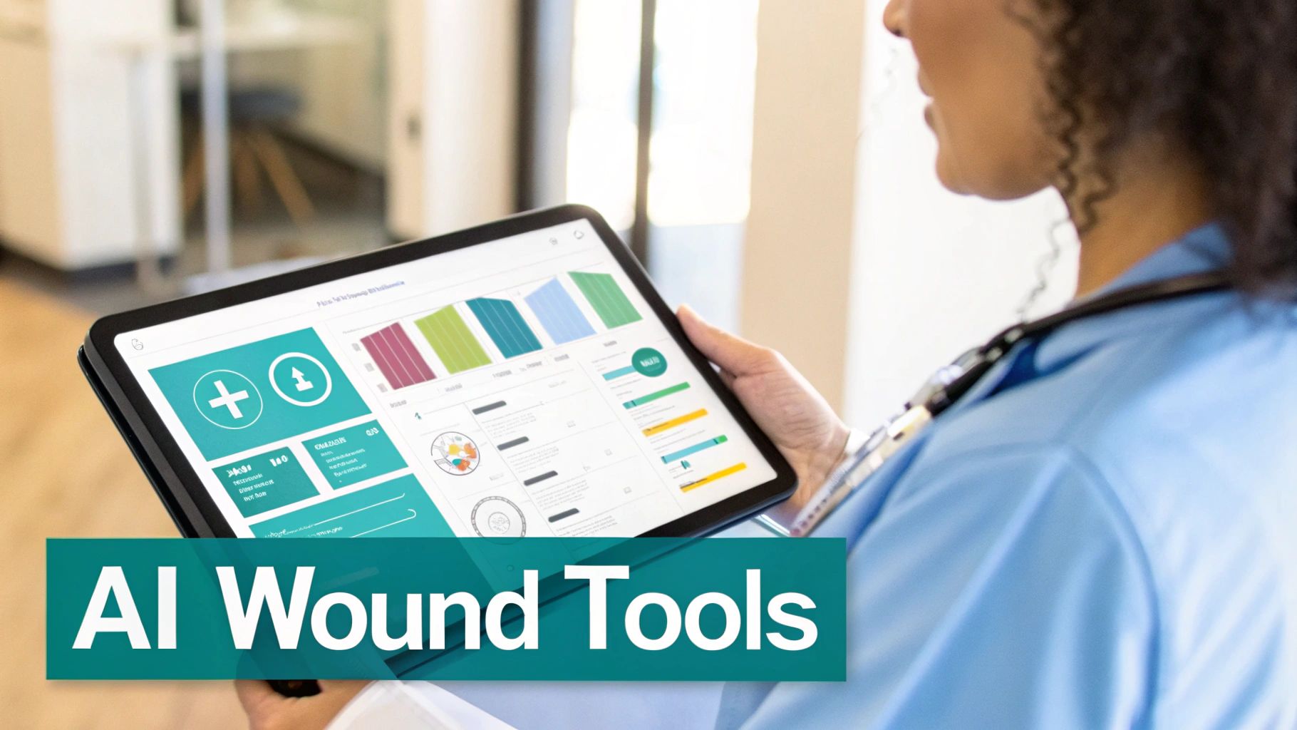A medical professional uses a tablet displaying an AI wound care application with patient data and charts.