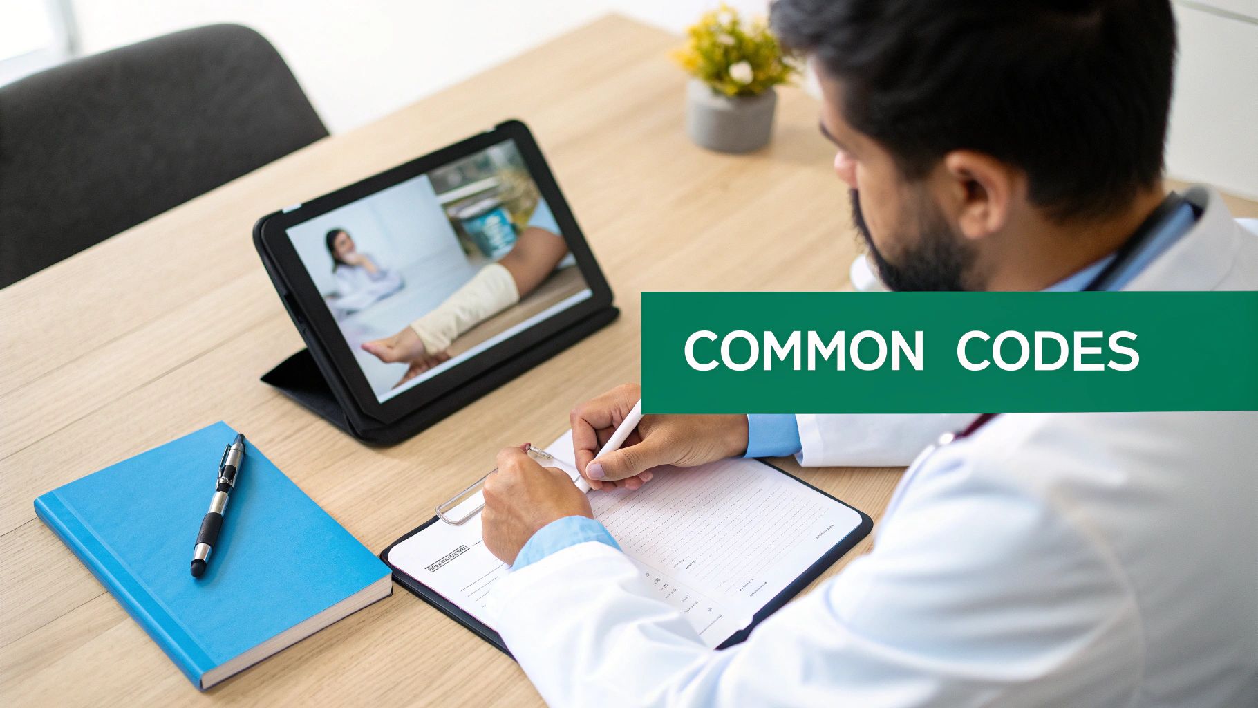 Doctor consults patient via tablet for telehealth, reviews details, and writes notes, with “COMMON CODES” text.