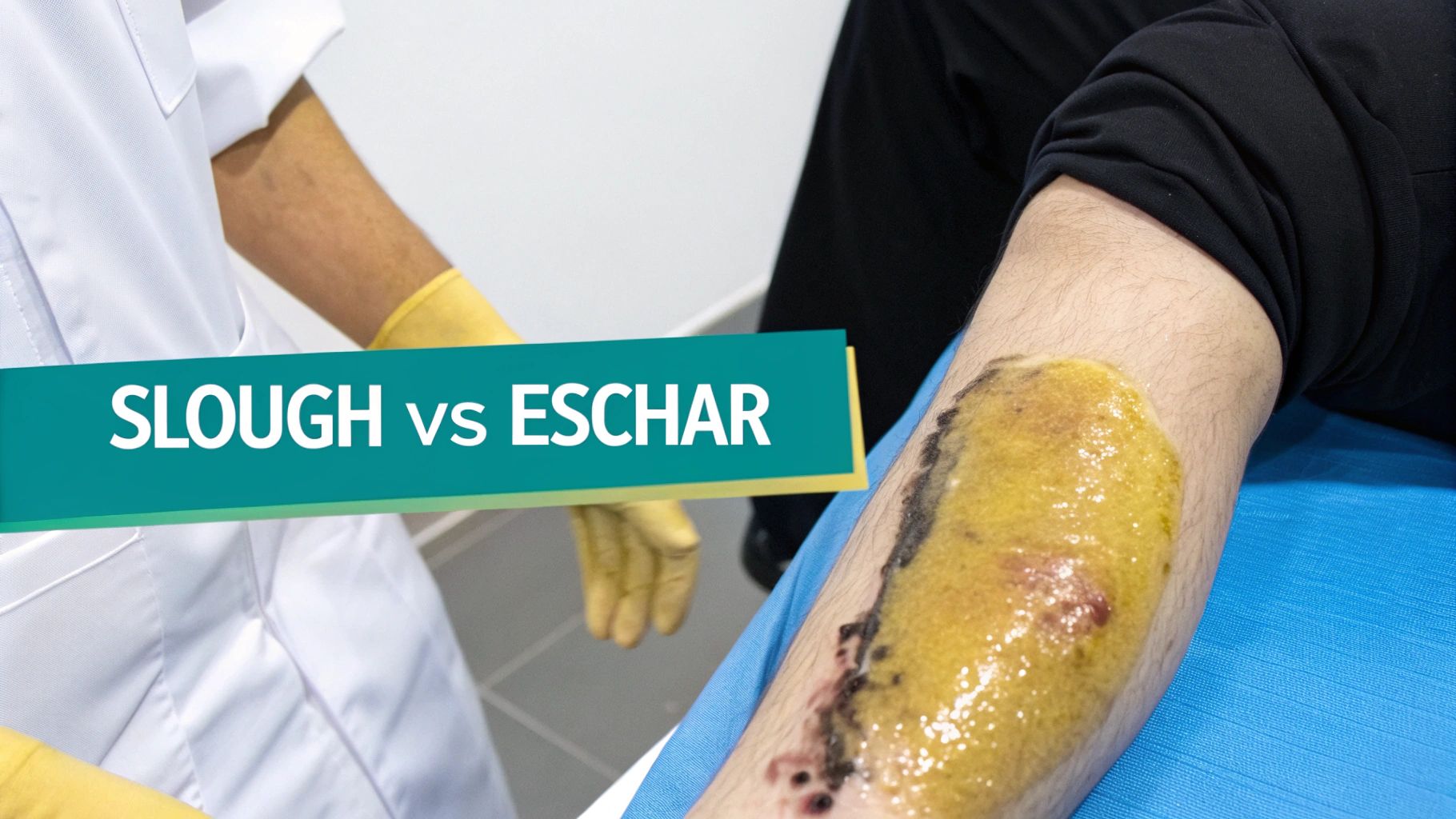 A medical professional examines an arm wound displaying yellow slough and dark eschar, illustrating 'Slough vs Eschar'.