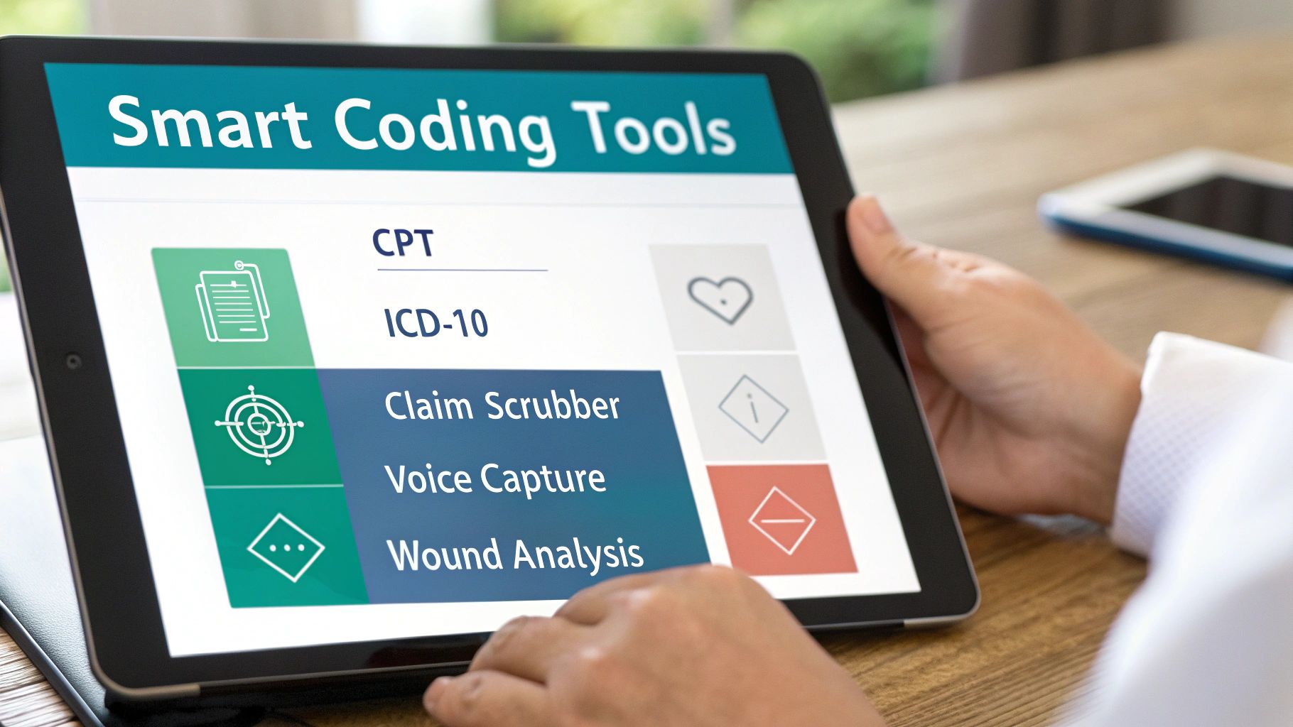 A person's hands use a tablet displaying "Smart Coding Tools" for medical coding and healthcare efficiency.