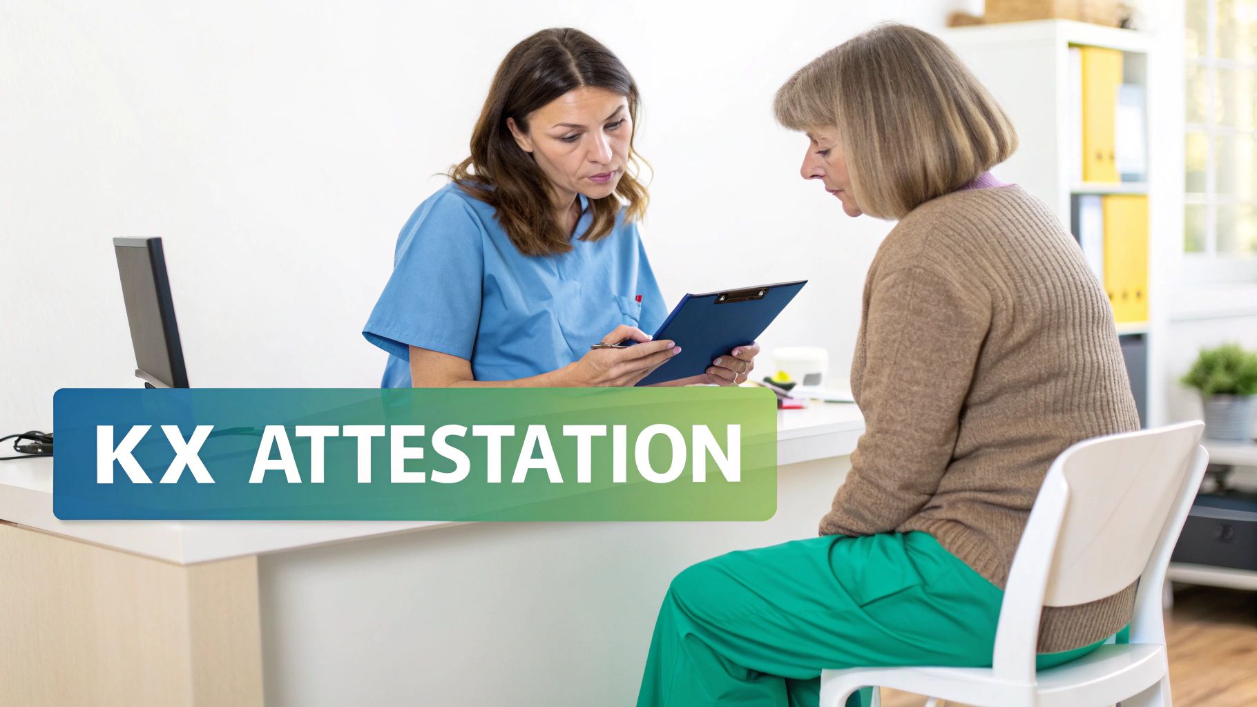 A medical professional in blue scrubs consults with an older female patient in an office, with 'KX ATTESTATION' text.