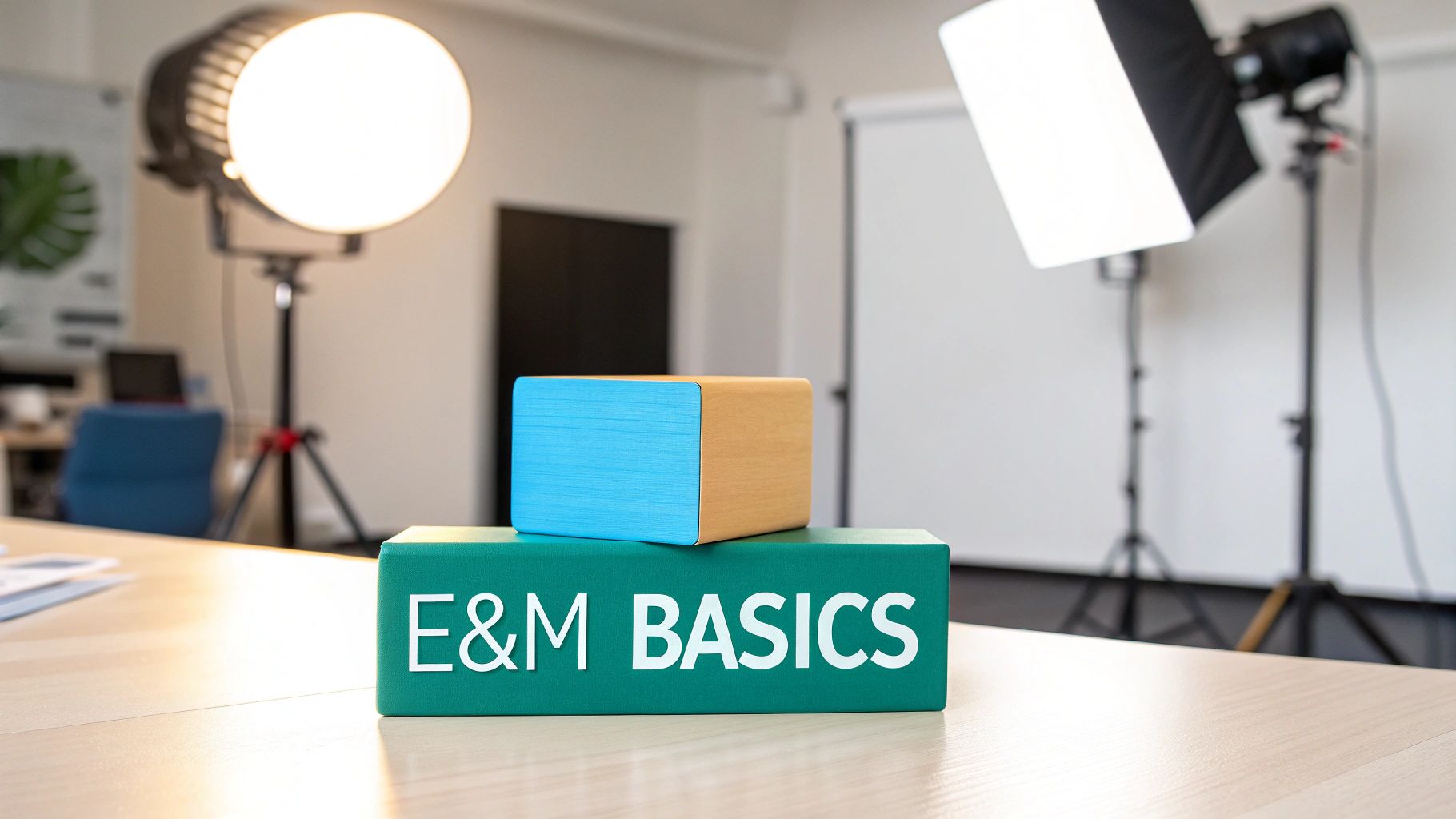 Two blocks, one saying 'E&M BASICS', on a table in a studio with lights.
