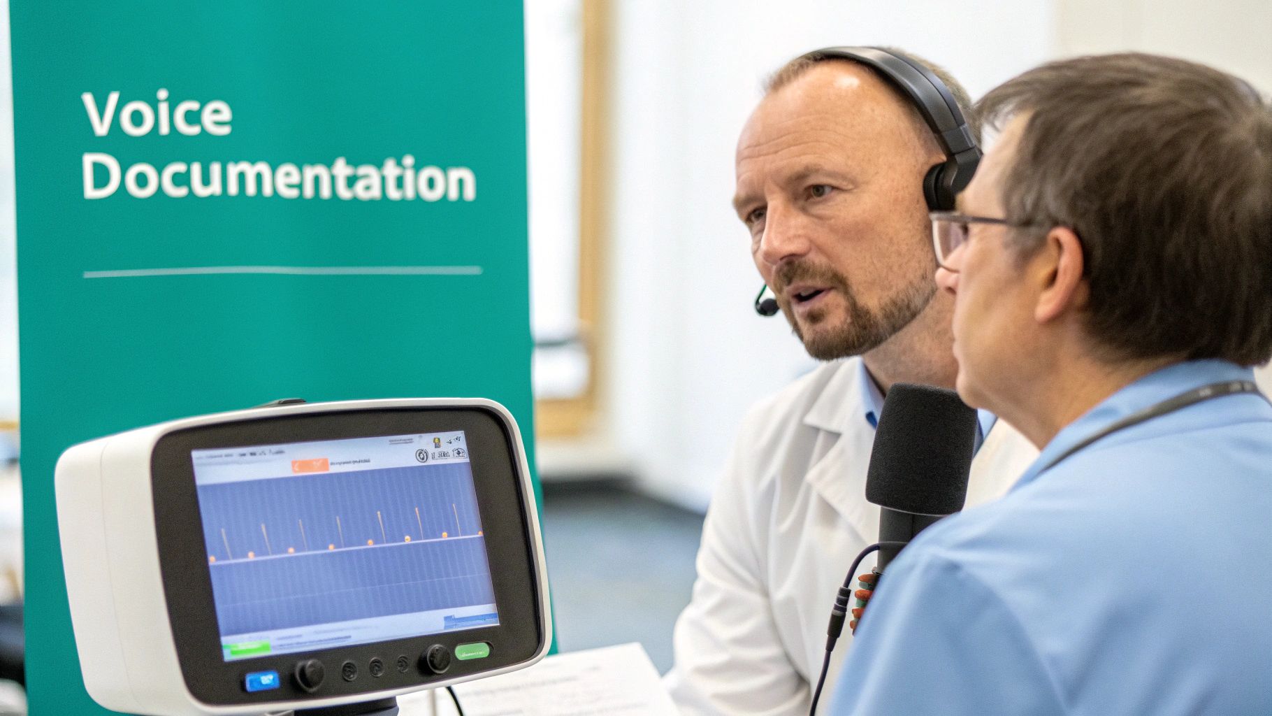 Two men in a clinic setting discuss voice documentation, looking at a monitor displaying waveforms.