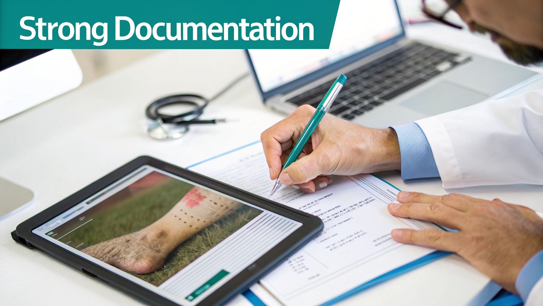 A doctor in a white coat documents patient information, viewing a medical image on a tablet.