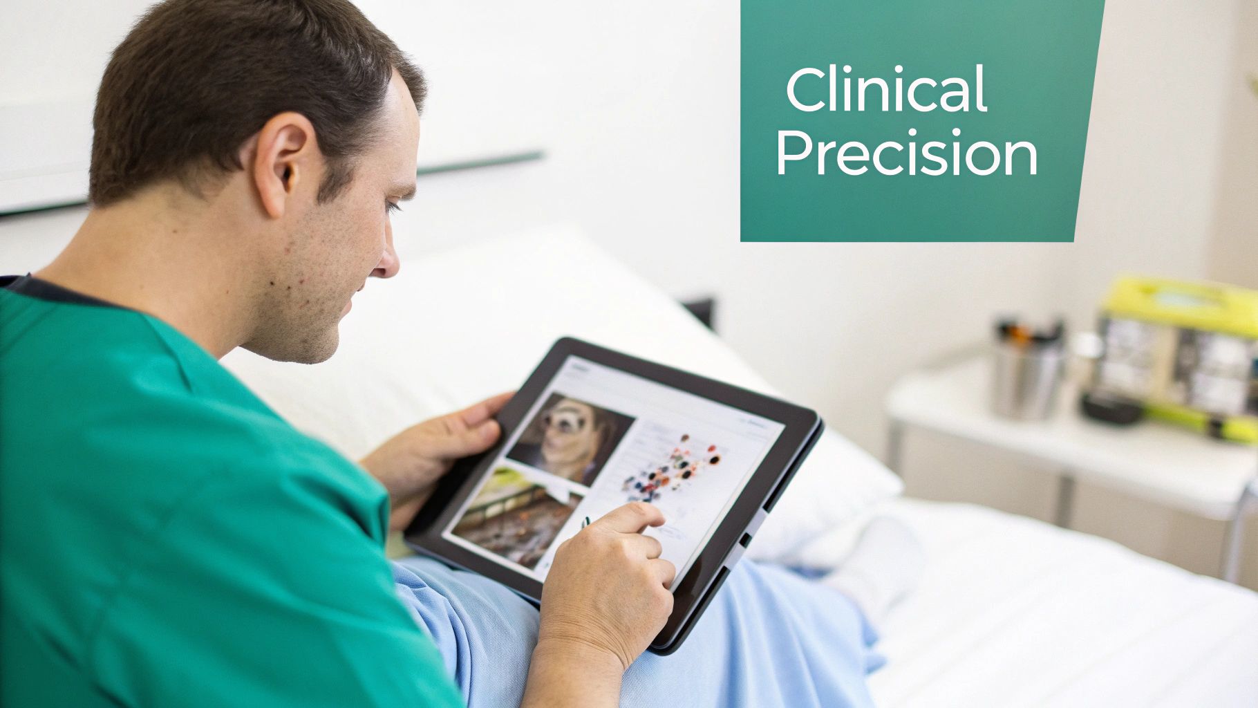 Man in green scrubs reviewing medical information on a tablet with a stylus in a clinical setting.