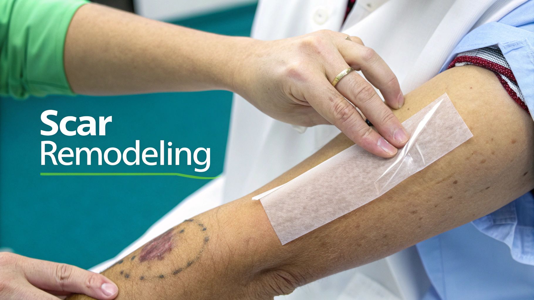 A medical professional applies a transparent patch to a patient's arm with a scar for treatment.