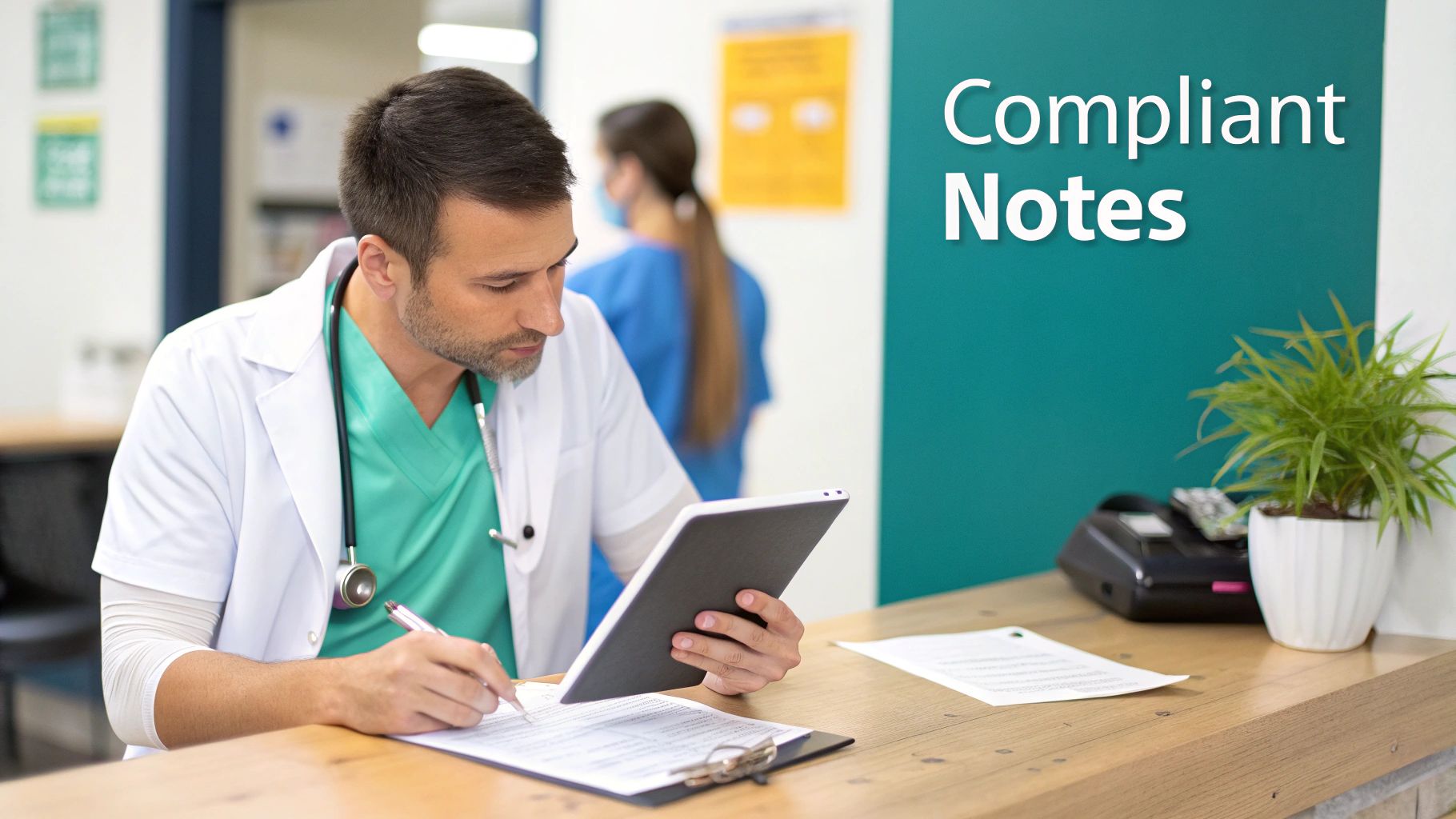 Medical professional in scrubs and lab coat writing notes while reviewing a tablet at a clinic desk.