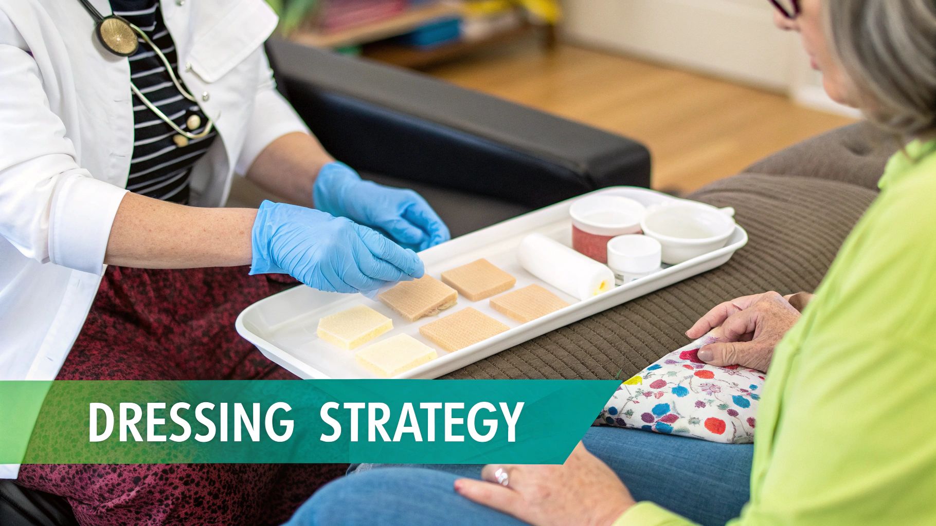 A medical professional in blue gloves prepares various wound dressings on a tray for a patient.