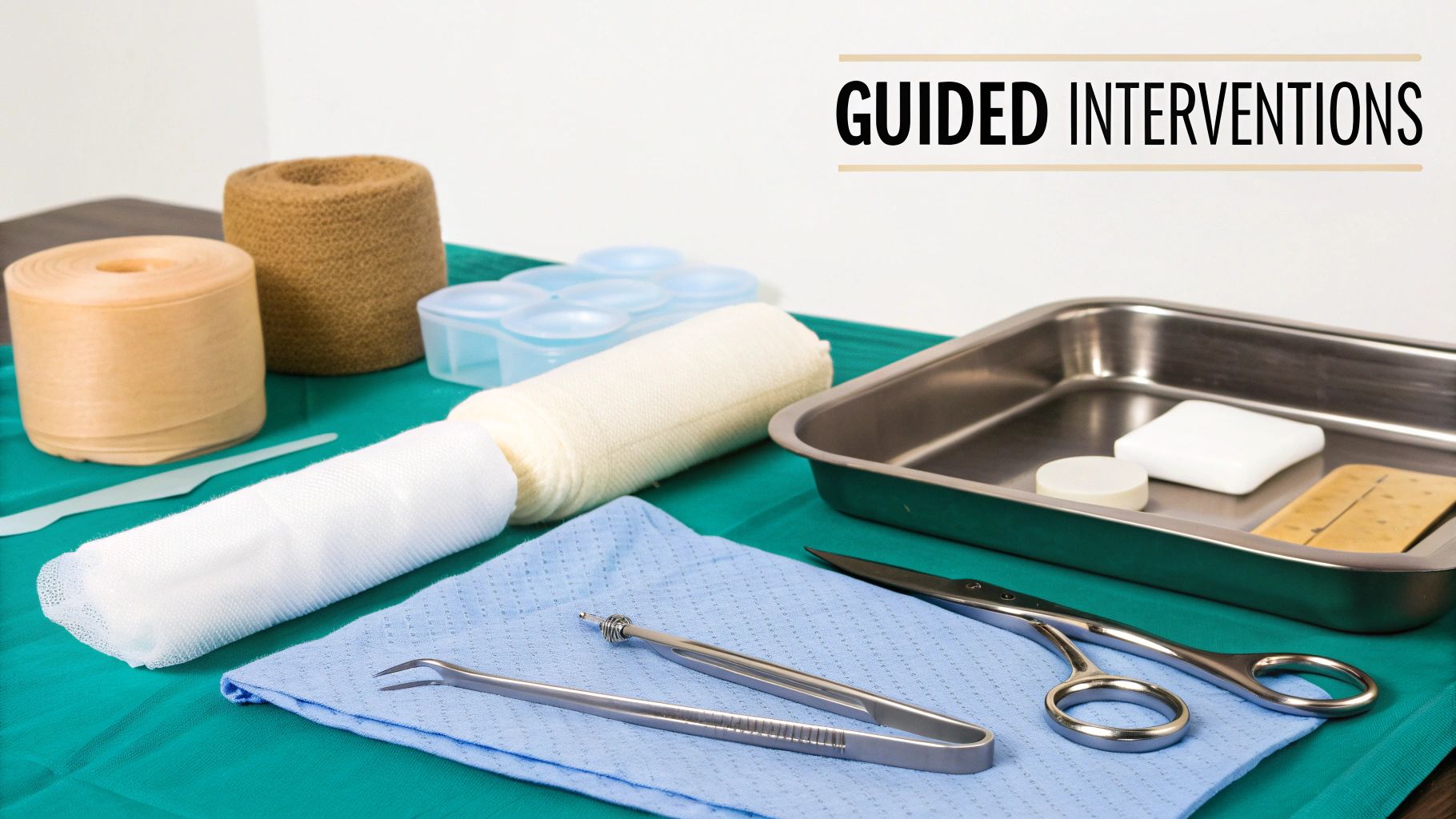 Various medical supplies, including bandages, gauze, scissors, forceps, and a tray on a green cloth.