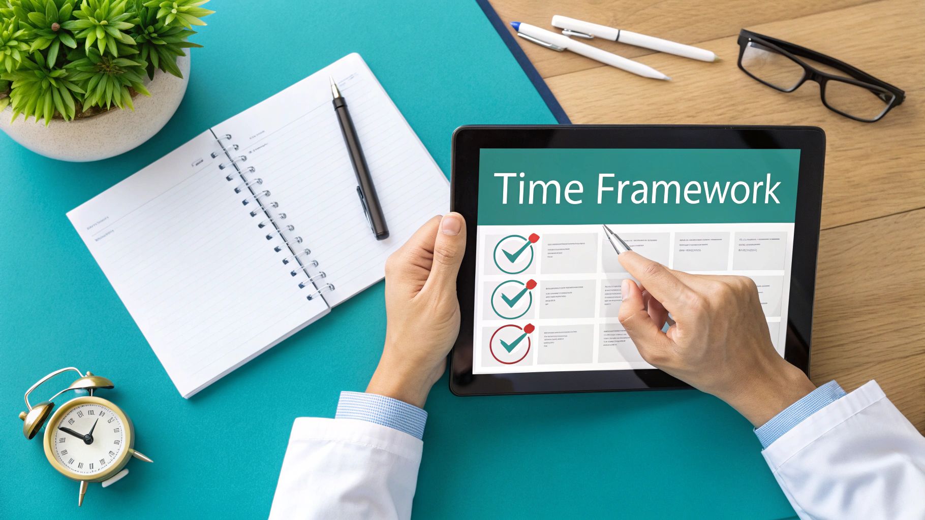 Overhead view of a person using a tablet showing a "Time Framework", with a notebook, pen, and alarm clock.