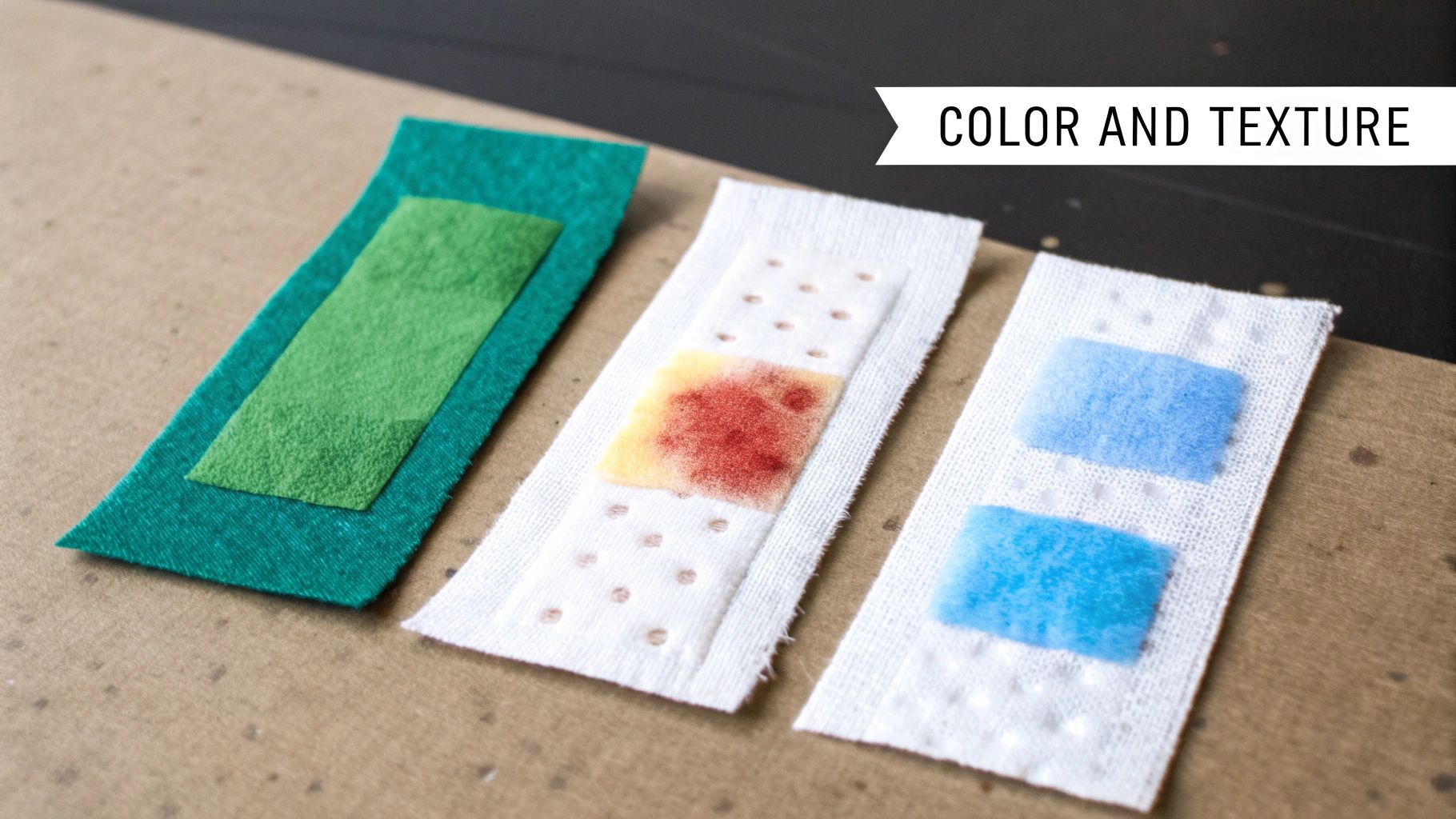 Three fabric swatches in green, white with a 'wound' pattern, and white with blue pads.