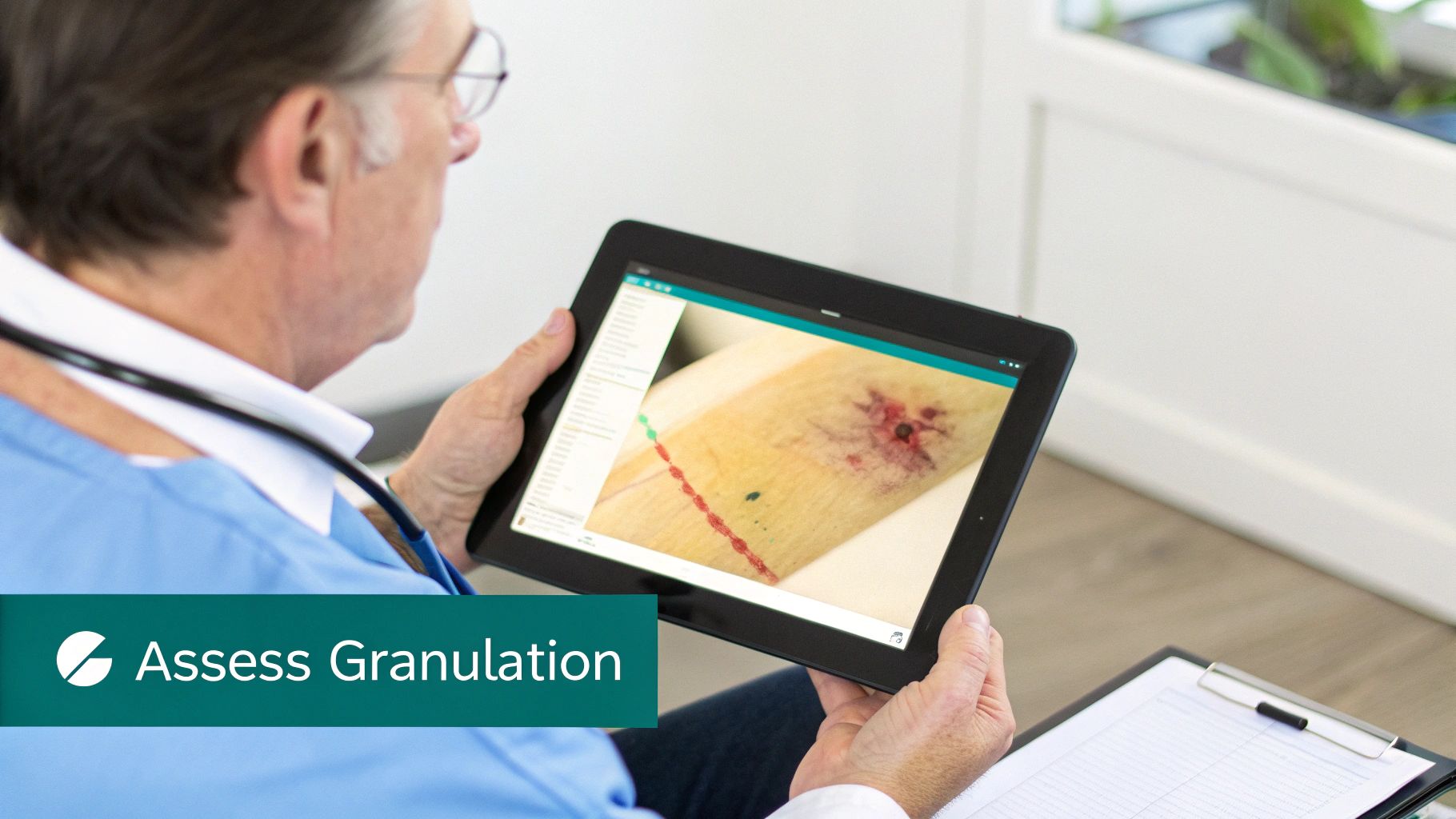A healthcare professional uses a tablet to view granulation tissue for digital wound assessment.