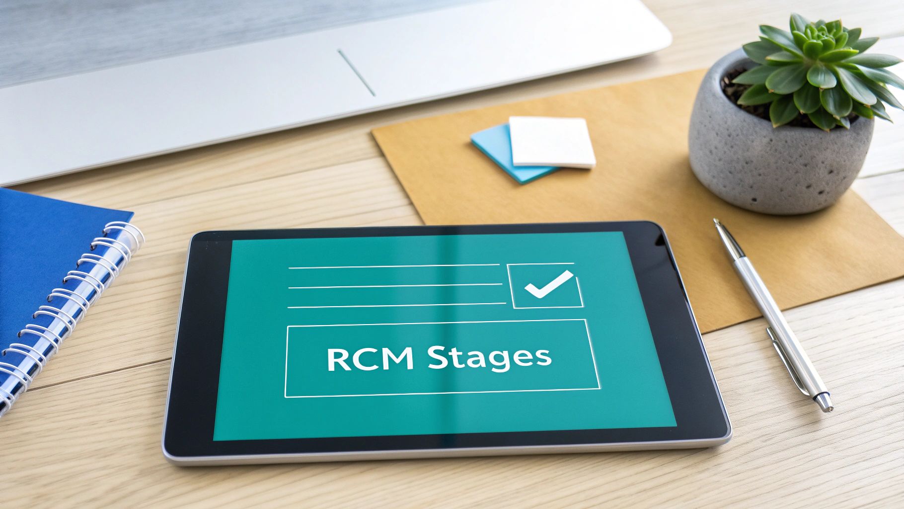 A tablet displaying 'RCM Stages' on a wooden desk alongside a laptop, notebook, pen, and a plant.