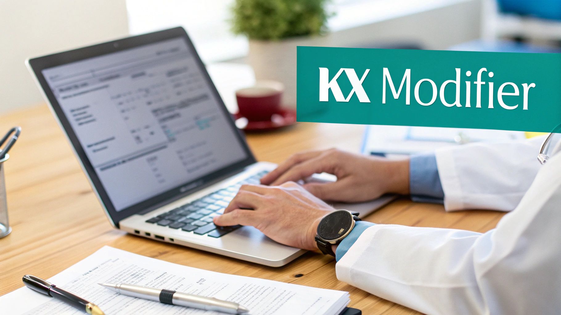 Medical professional typing on a laptop, with a prominent 'KX Modifier' green banner.