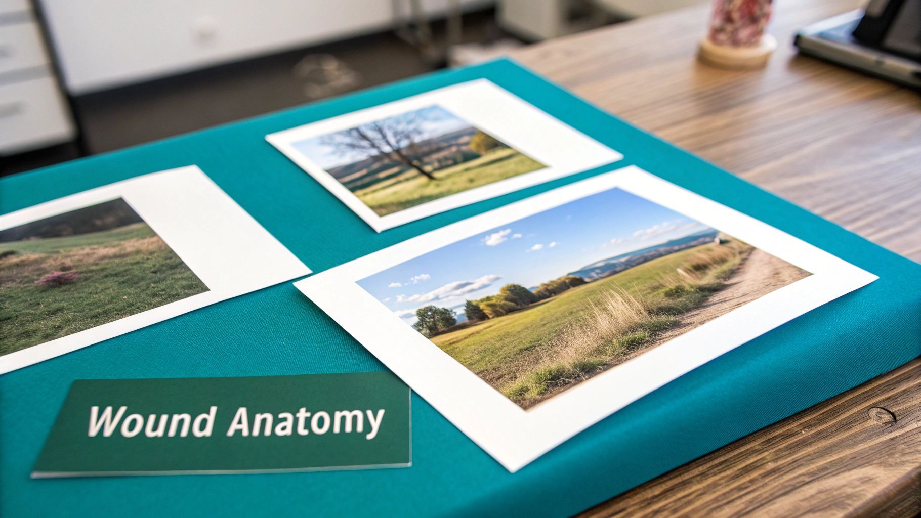 Three landscape photographs and a "Wound Anatomy" sign displayed on a teal surface, on a wooden table.