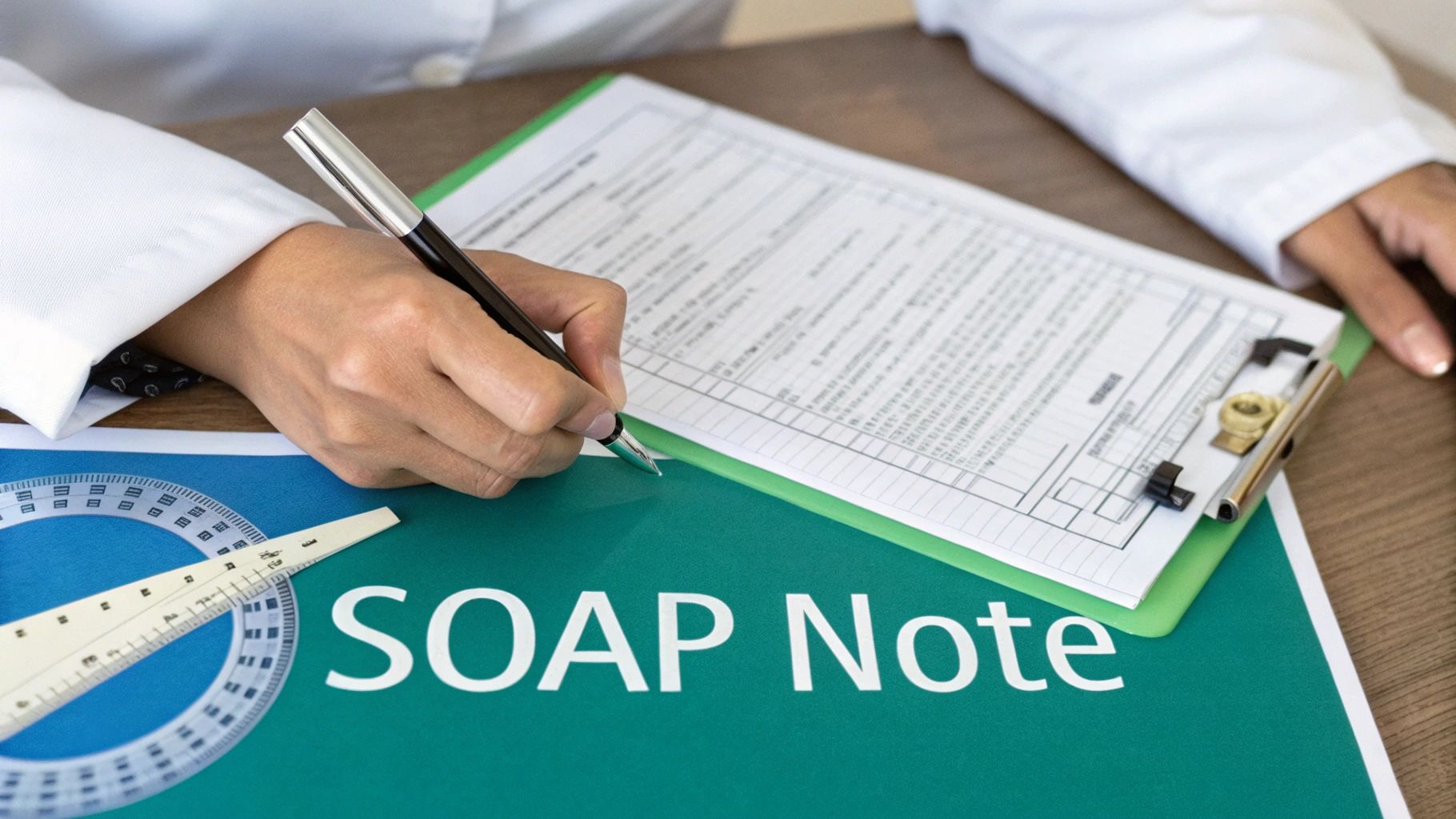 A medical professional is writing a SOAP Note, an important part of physical therapy documentation.