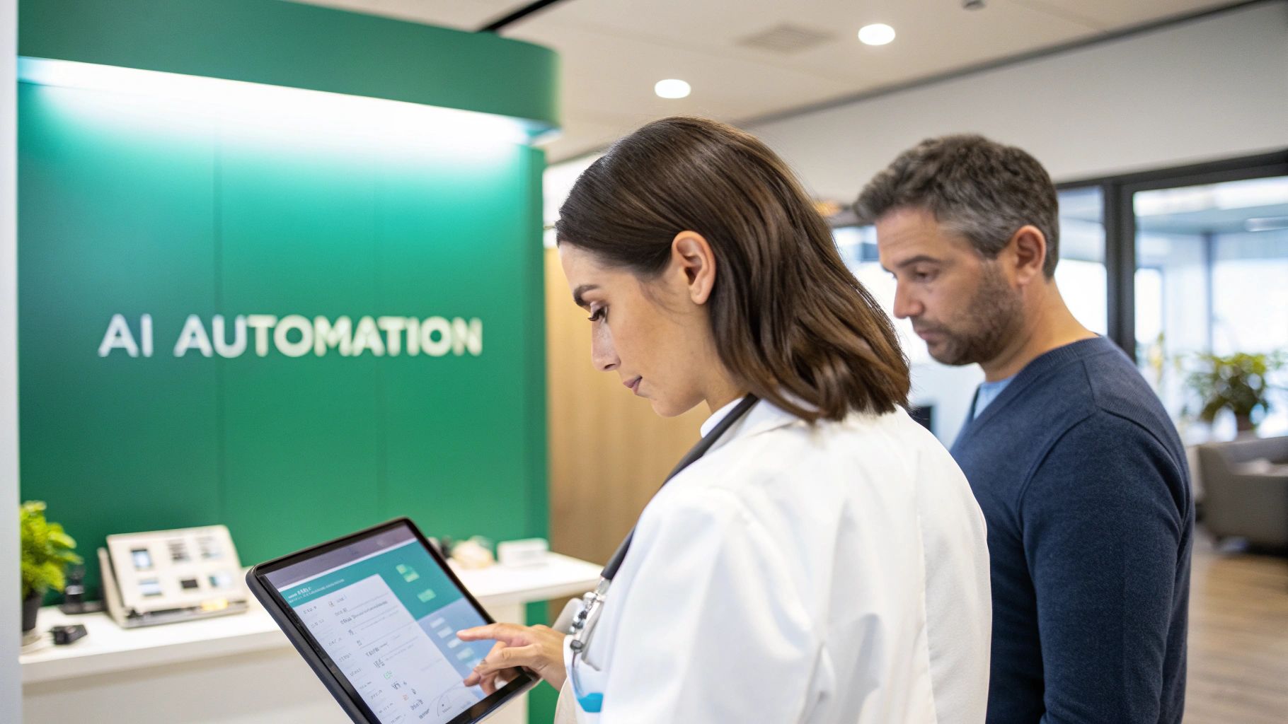 Female doctor uses a tablet with AI automation in a modern healthcare setting, observed by a man.