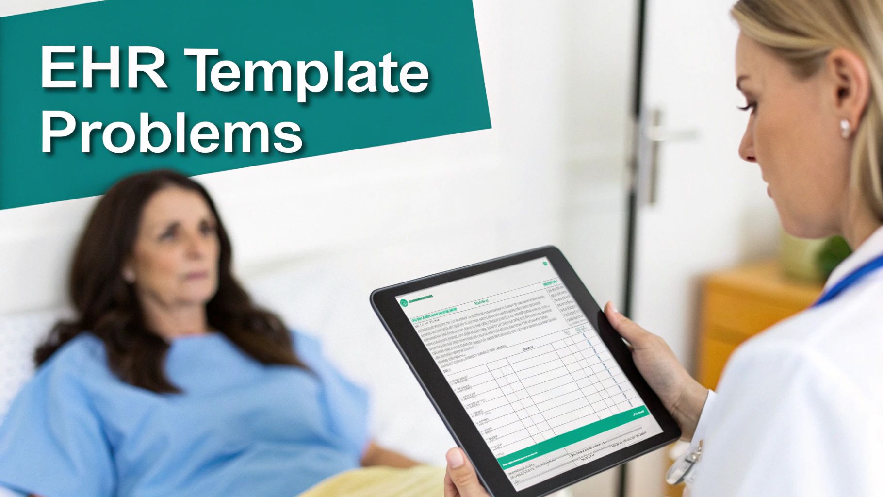 A doctor reviews an EHR template on a tablet, with a patient in the background, illustrating "EHR Template Problems".