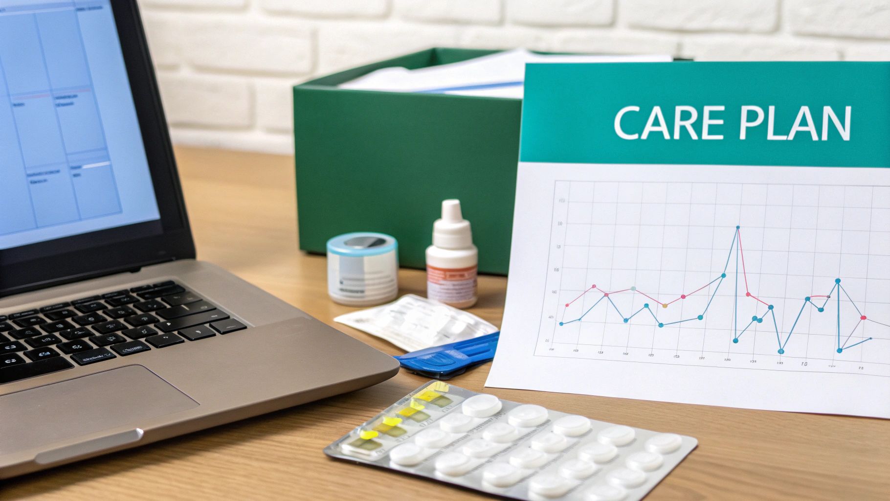 A desk with a laptop, a 'CARE PLAN' document showing a graph, and various medical supplies including pills and bottles.