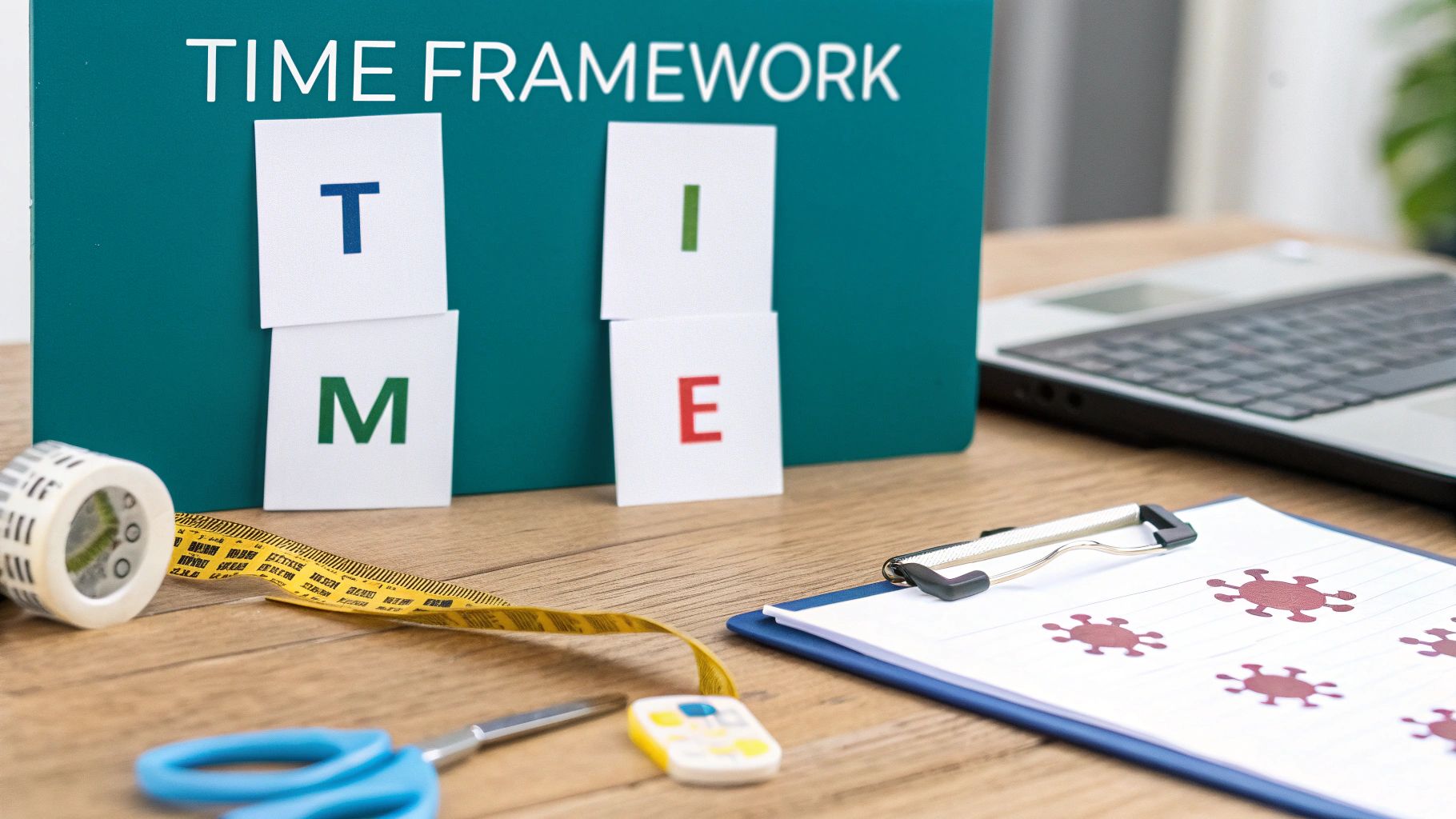 Desk setup with "TIME FRAMEWORK" sign, spelling cards, measuring tape, scissors, and a clipboard.