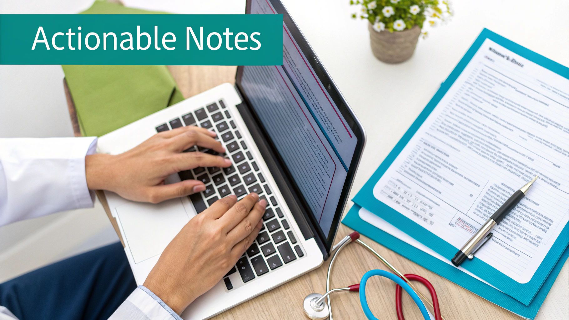 Medical professional typing actionable notes on a laptop, with a stethoscope and patient forms.