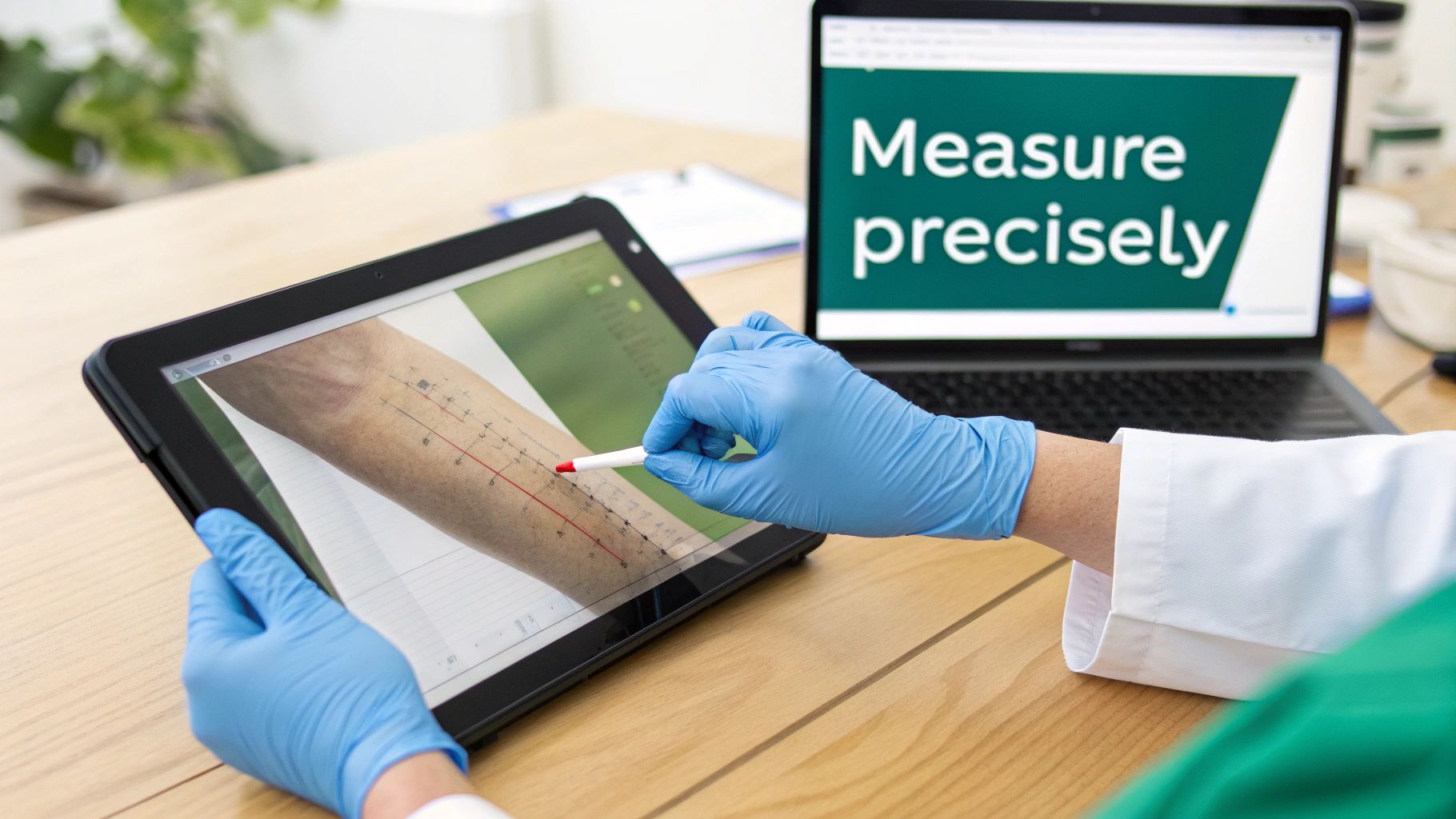 Medical professional in gloves measuring skin data on a tablet with a stylus, laptop showing 'Measure precisely'.