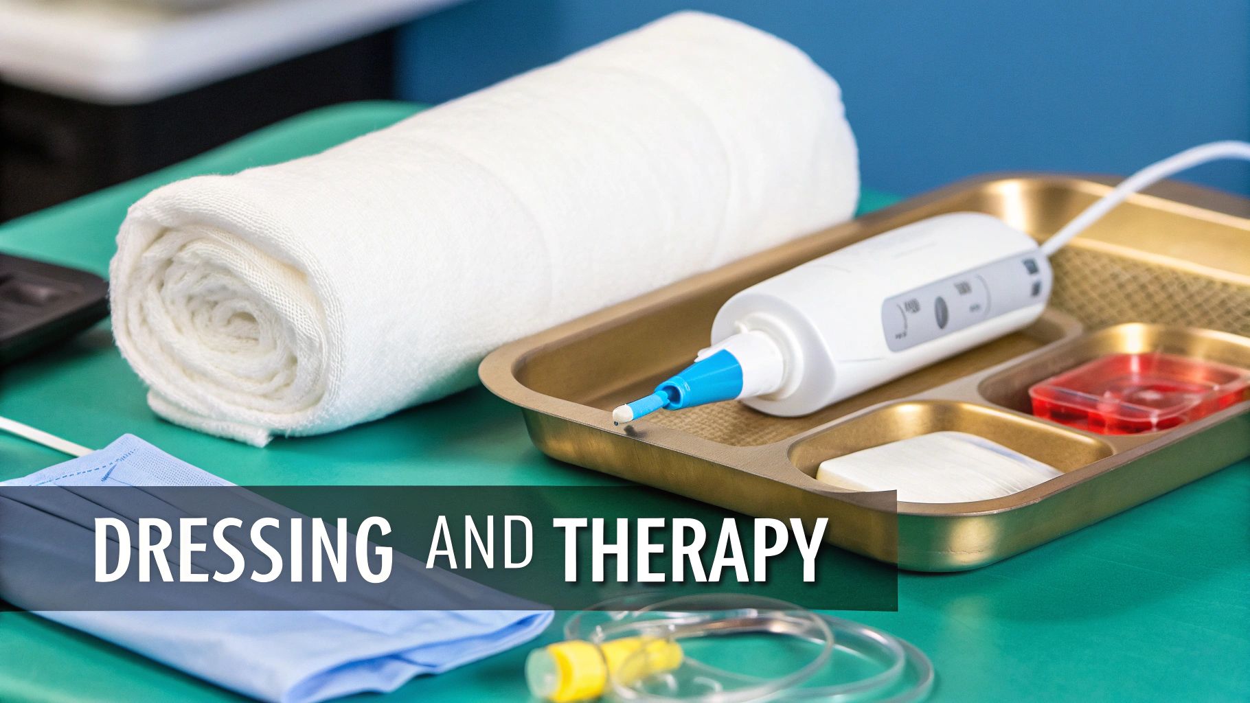 Assortment of medical dressing and therapy supplies, such as bandages and a device on a tray.