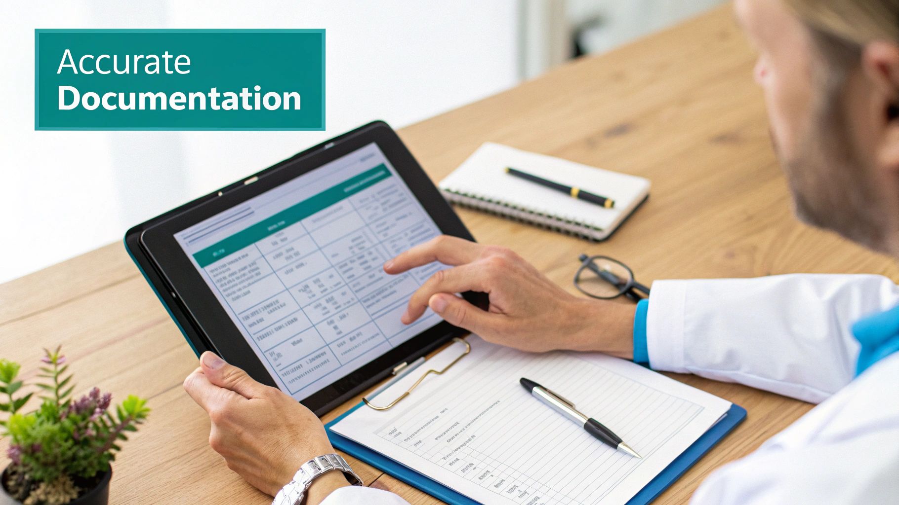 A doctor accurately documenting patient information on a tablet, with a clipboard and notebook on a wooden desk.