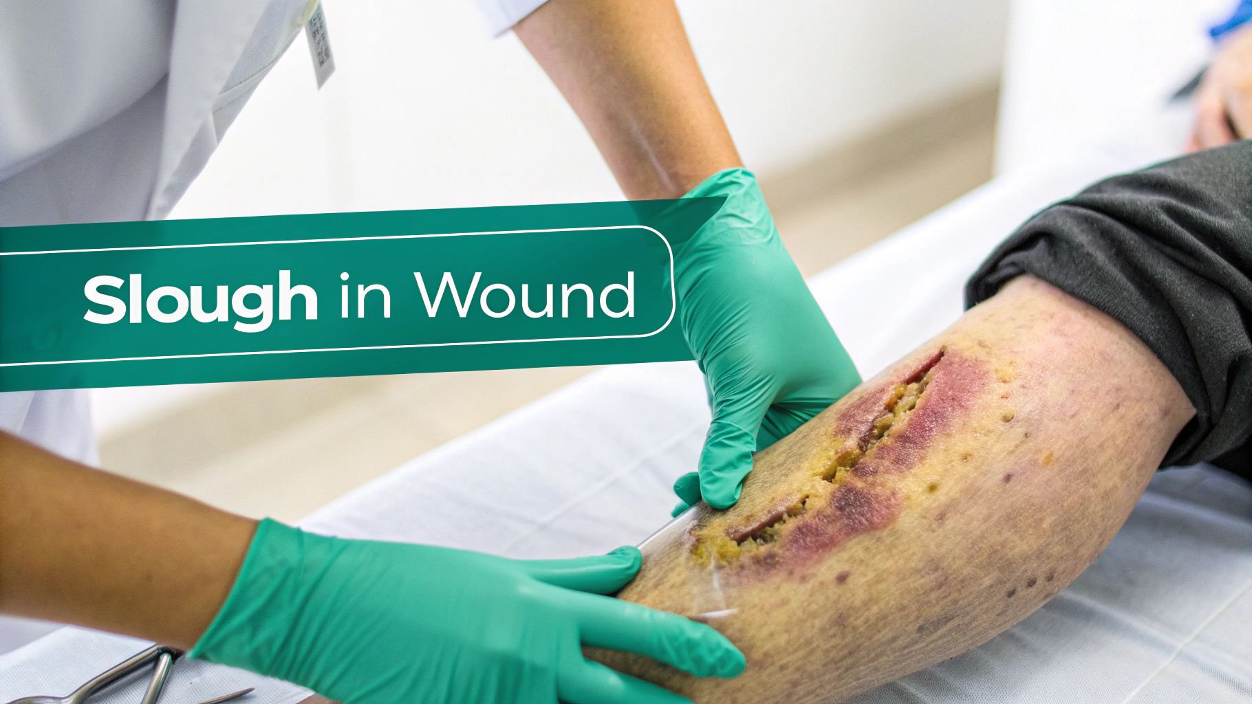 A healthcare professional in green gloves treats a patient's leg wound containing slough tissue.