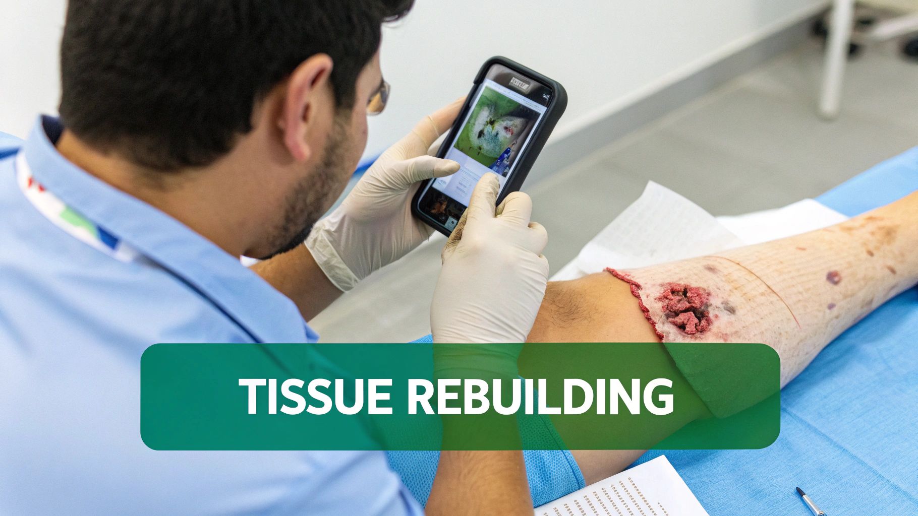 A gloved medical professional looks at a phone displaying wound images, next to a leg with an open wound.