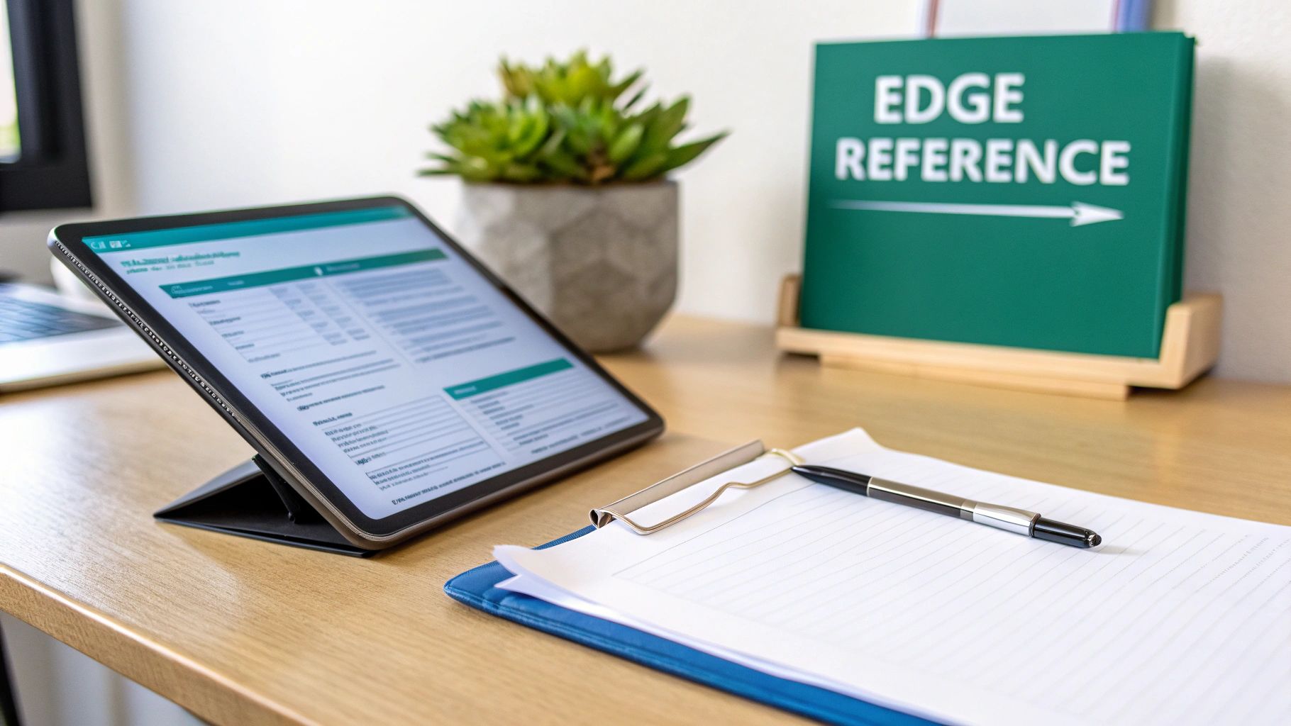 A modern desk setup with a tablet displaying data, a pen on a clipboard, and an 'EDGE REFERENCE' book.