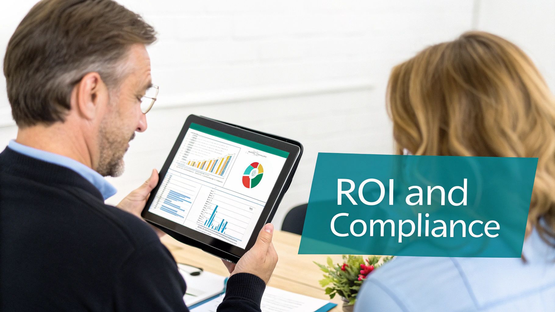 Two professionals reviewing data and charts on a tablet, with "ROI and Compliance" text overlay.