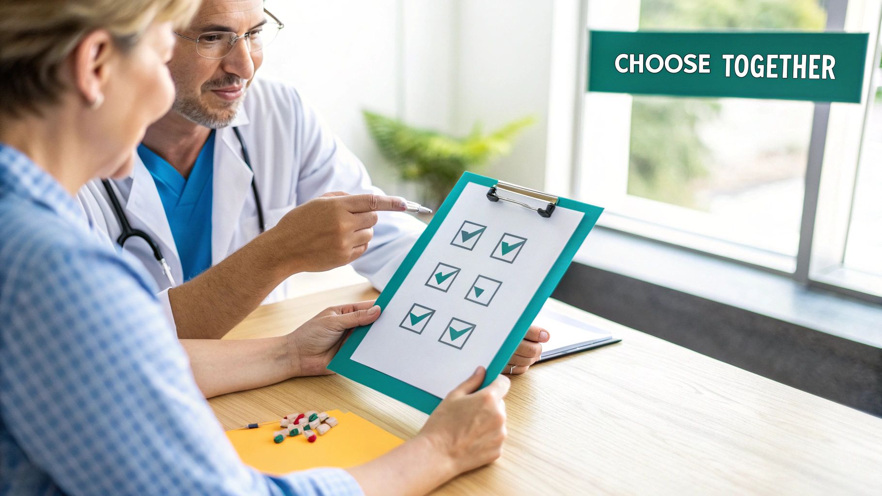 A doctor and patient discuss options, looking at a clipboard with checkboxes, symbolizing shared decision-making.