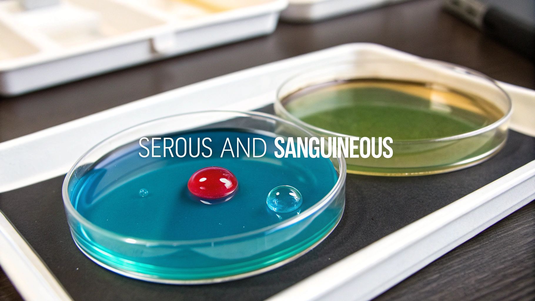 Two petri dishes with blue and green liquids, one with red and clear droplets, illustrating exudates.