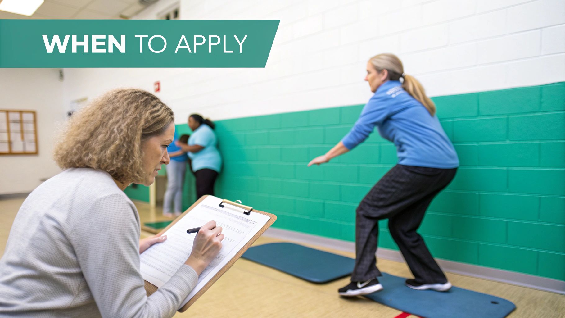 A physical therapist observes a patient exercising while recording data on a clipboard.