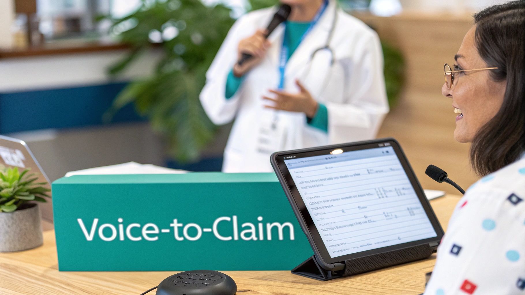 A woman uses voice-to-claim technology on a tablet during a healthcare presentation.