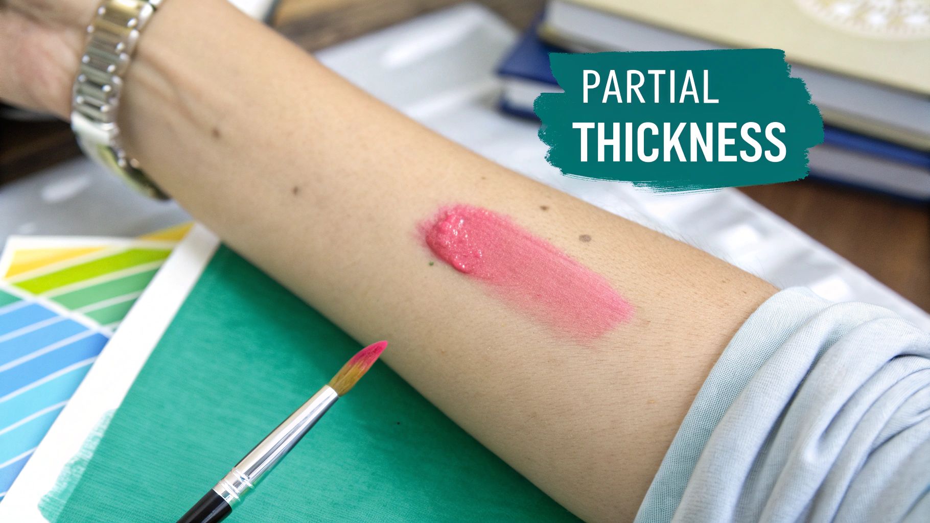 A close-up of an arm with a pink, thick substance applied, simulating a partial thickness wound, with a paintbrush nearby.