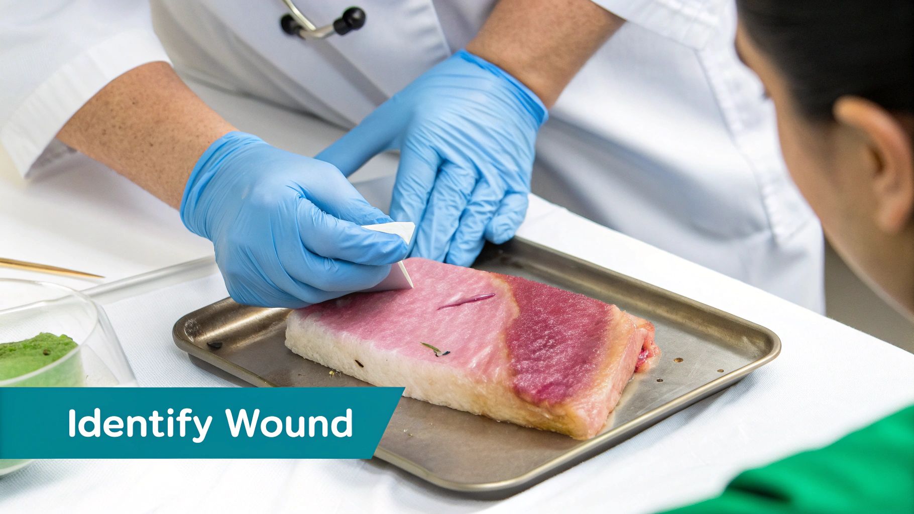 A medical professional in blue gloves examines a simulated partial-thickness-wound on a tissue model.
