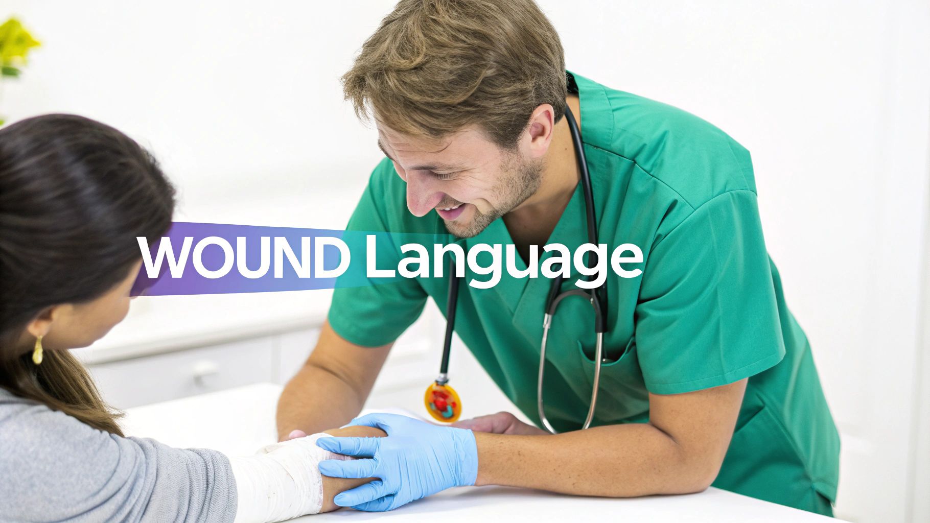 A male doctor in green scrubs and blue gloves smiles while bandaging a female patient's arm. Text reads 'WOUND Language'.