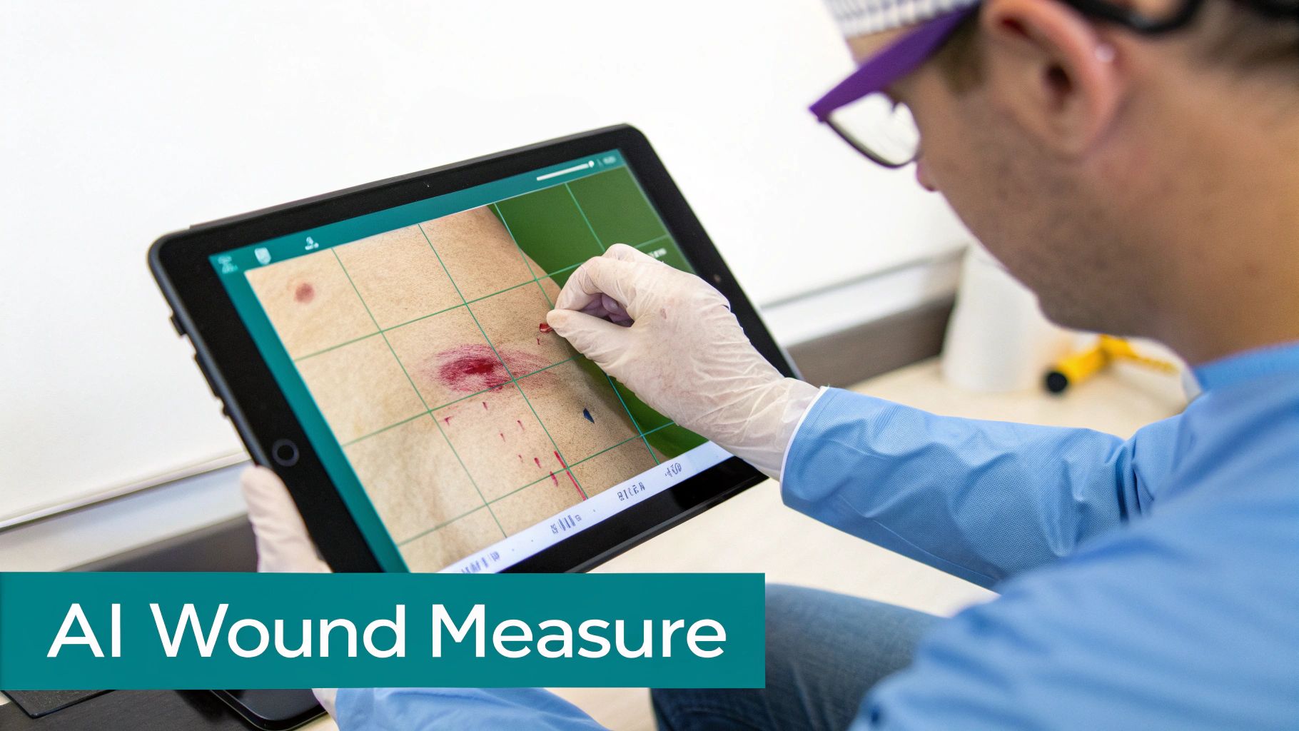 A medical professional in blue scrubs and gloves uses a tablet to digitally measure a wound on a patient's abdomen, labeled "AI Wound Measure".