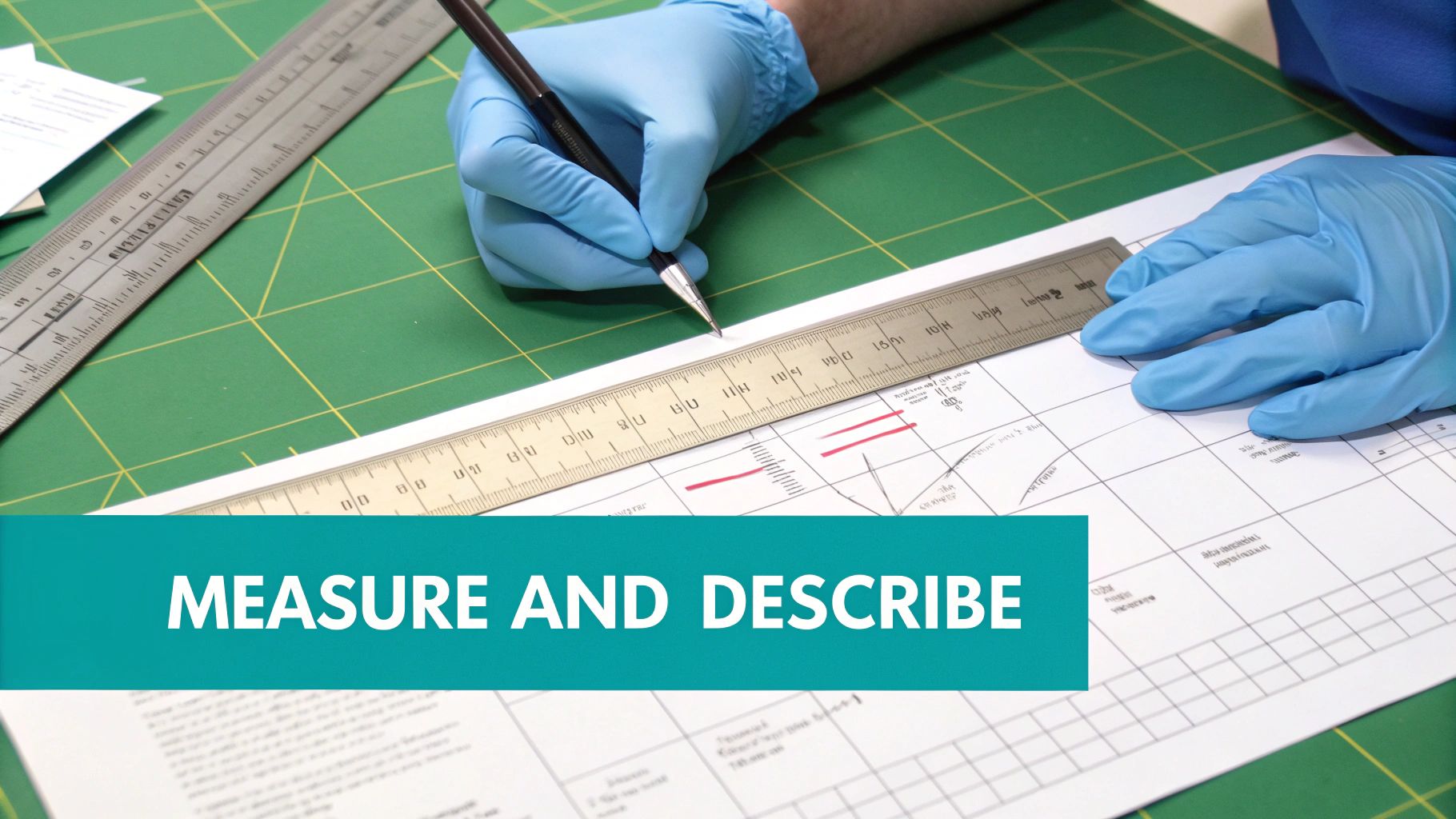 Gloved hands using a ruler and pencil on a paper over a green mat, with 'MEASURE AND DESCRIBE' text.